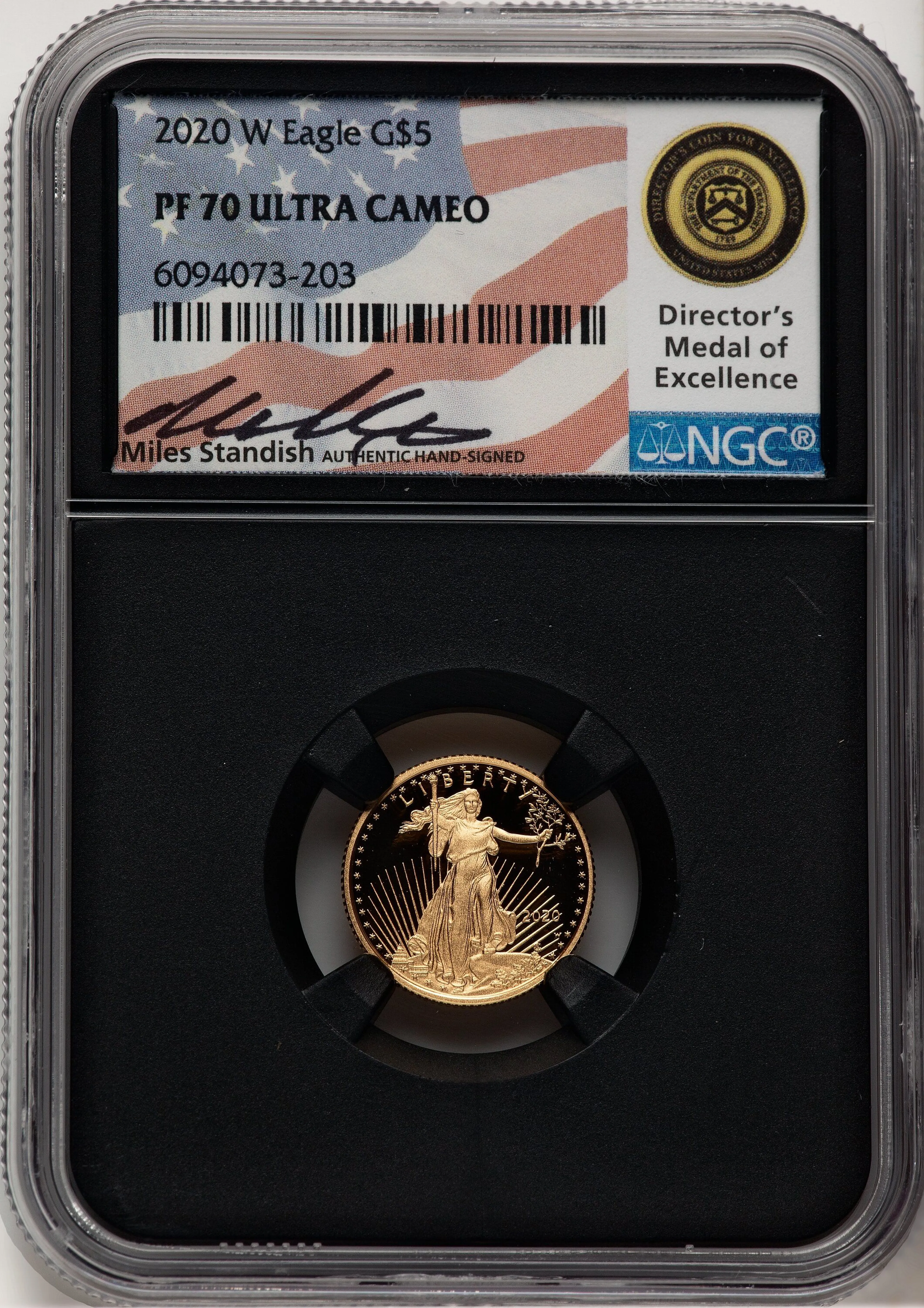 2020-W Proof Gold Eagle 1/10 oz Miles Standish Blk Core - Image 1