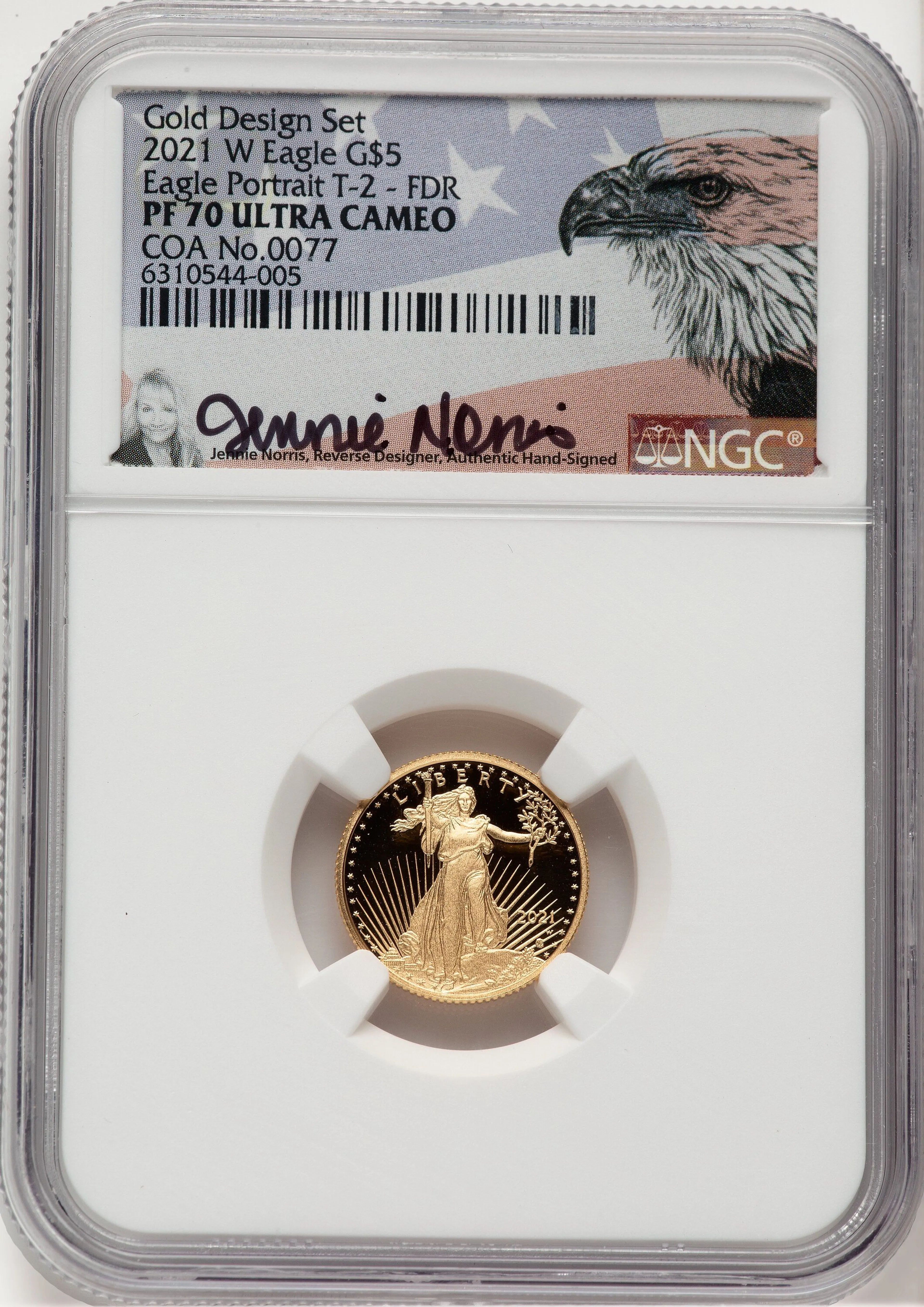 2021-W Type 2 Proof Gold Eagle 1/10 oz FDR Jennie Norris - Image 1