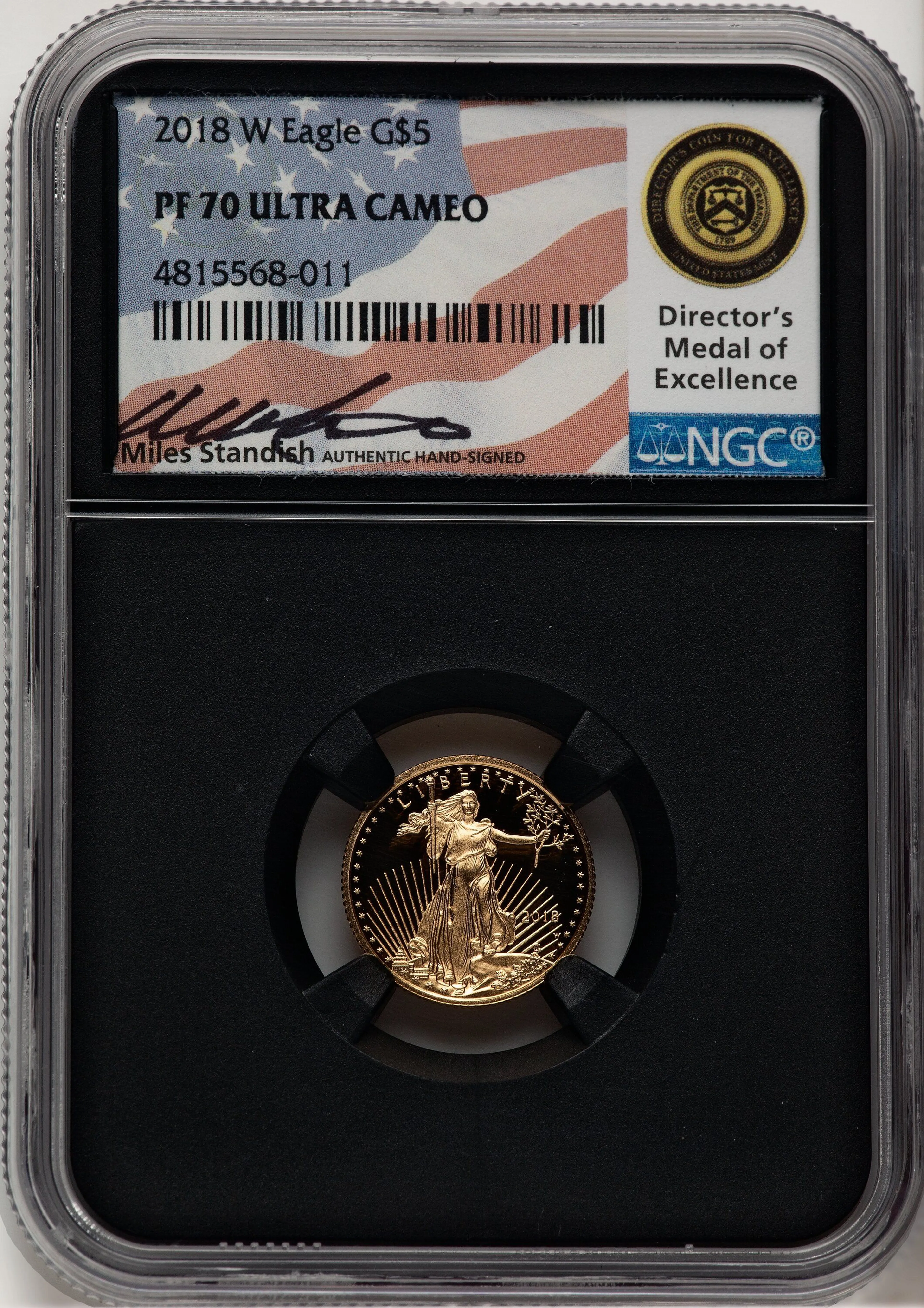 2018-W Proof Gold Eagle 1/10 oz Miles Standish Blk Core - Image 1
