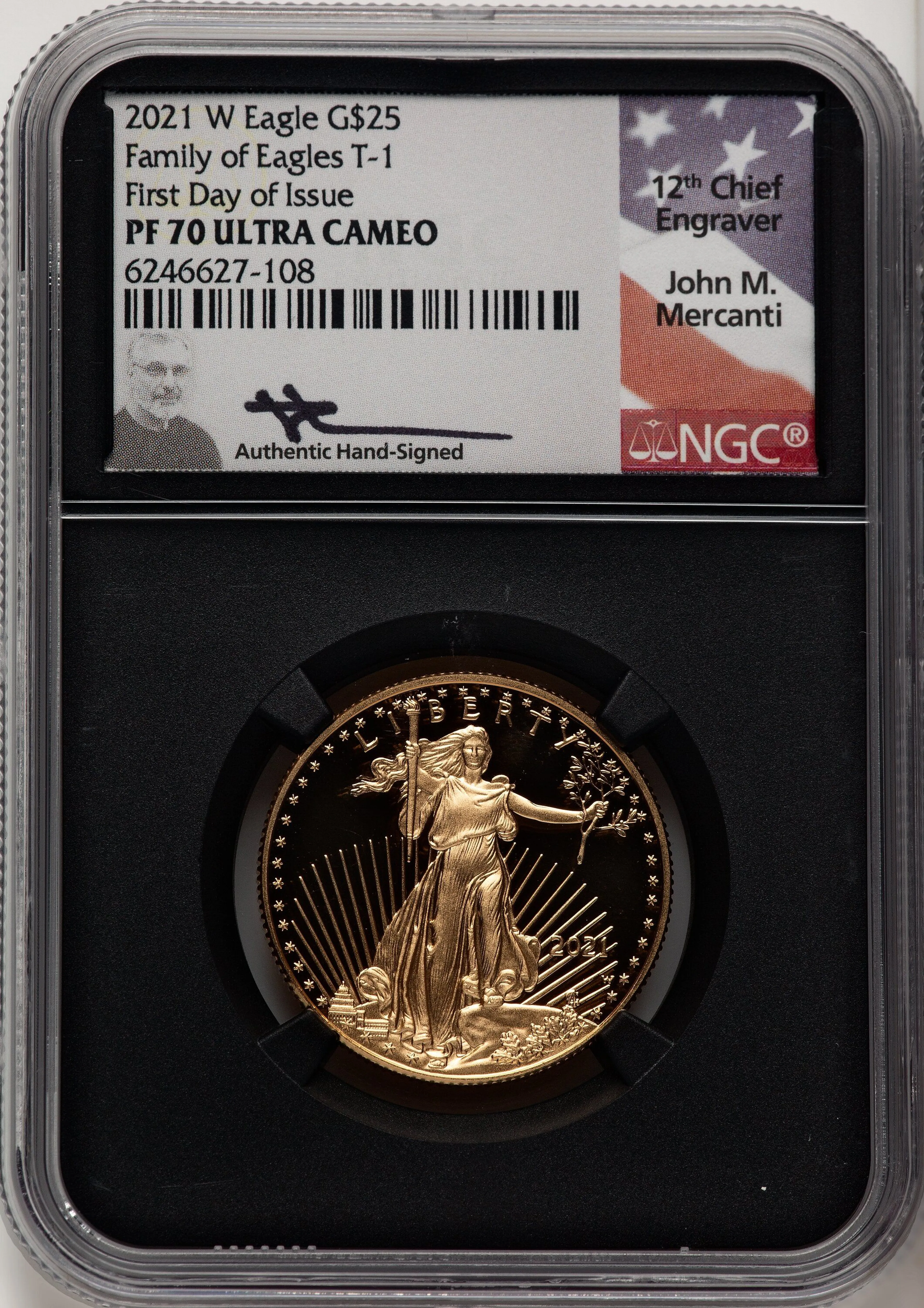 2021-W Type 1 Proof Gold Eagle 1/2 oz FDI John Mercanti Blk Core - Image 1
