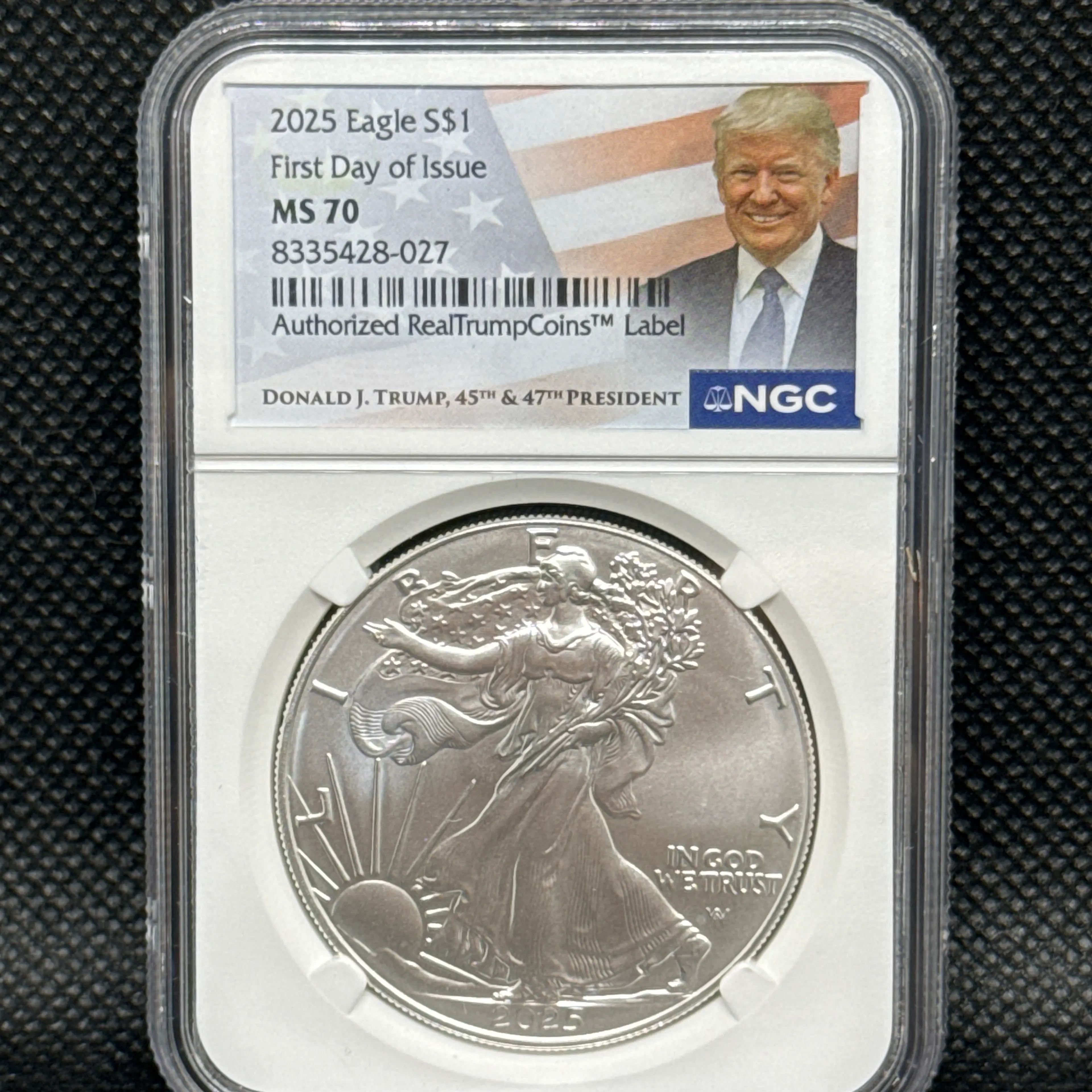2025 Silver Eagle First Day Issue - Trump Label