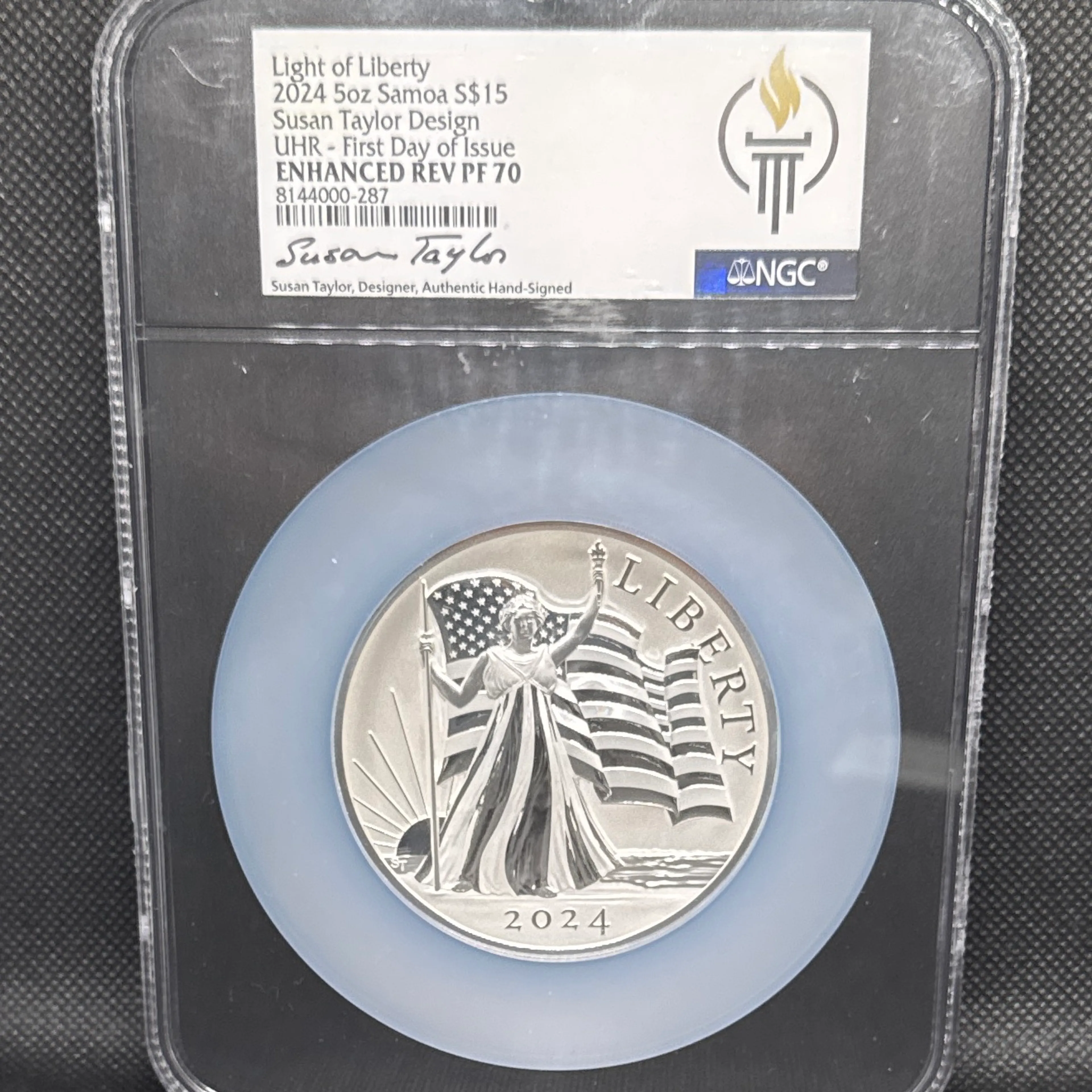 2024 5oz S$15 Light of Liberty - First Day of Issue Enhanced Reverse PF70 - Image 1