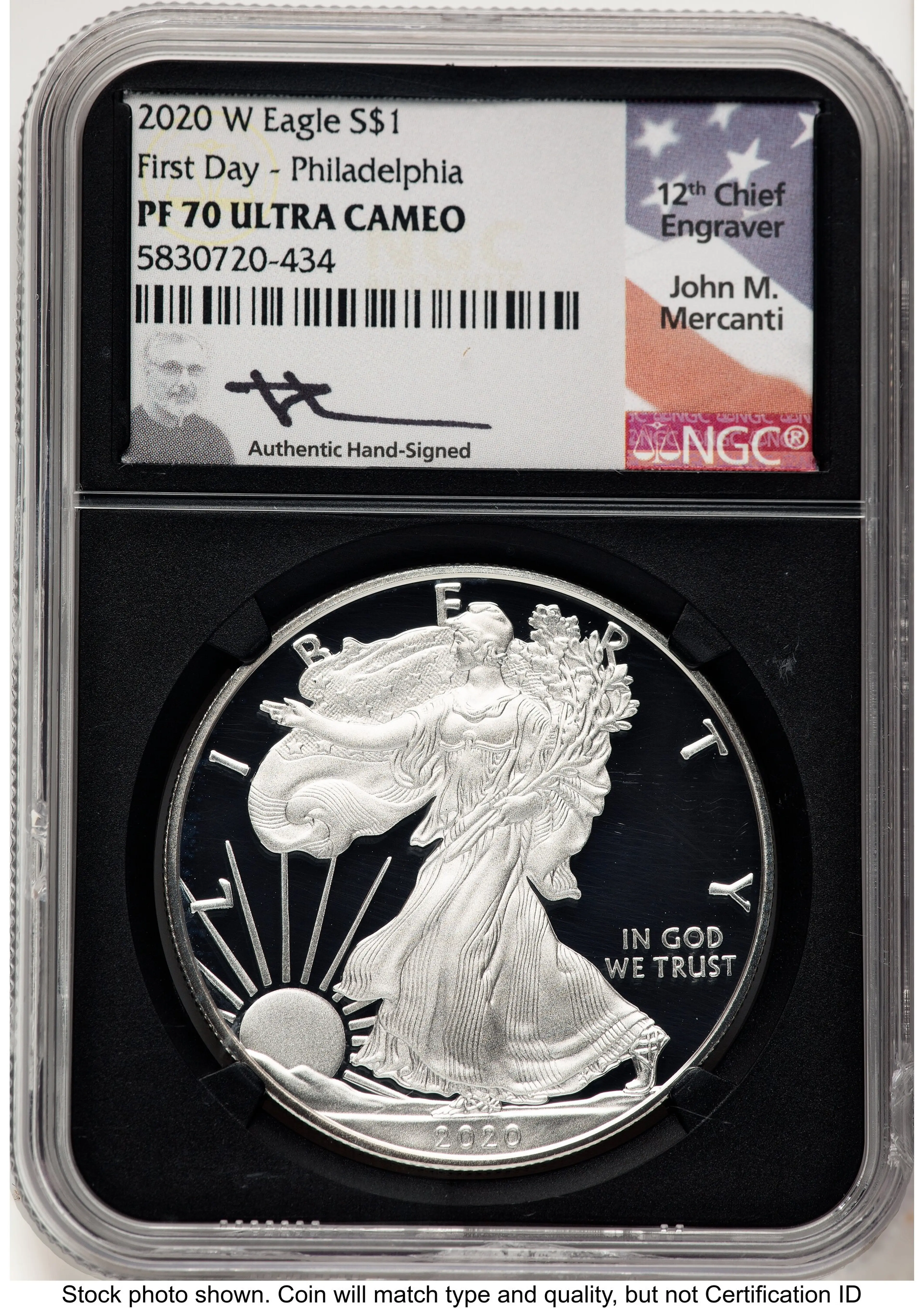 2020-W Proof Silver Eagle 1 oz FDI John Mercanti Philadelphia Blk Core