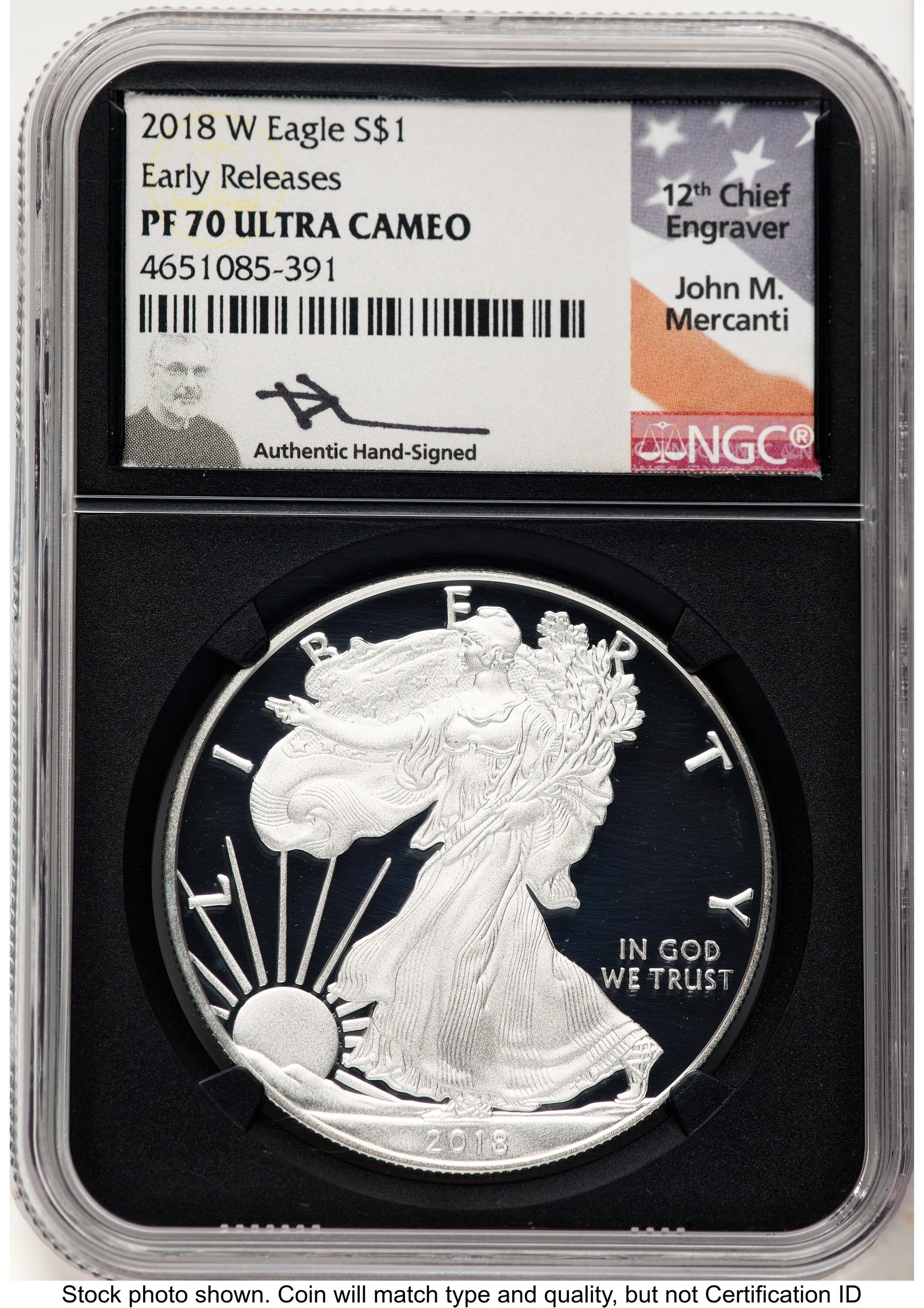 2018-W Proof Silver Eagle 1 oz ER John Mercanti Blk Core - Image 1