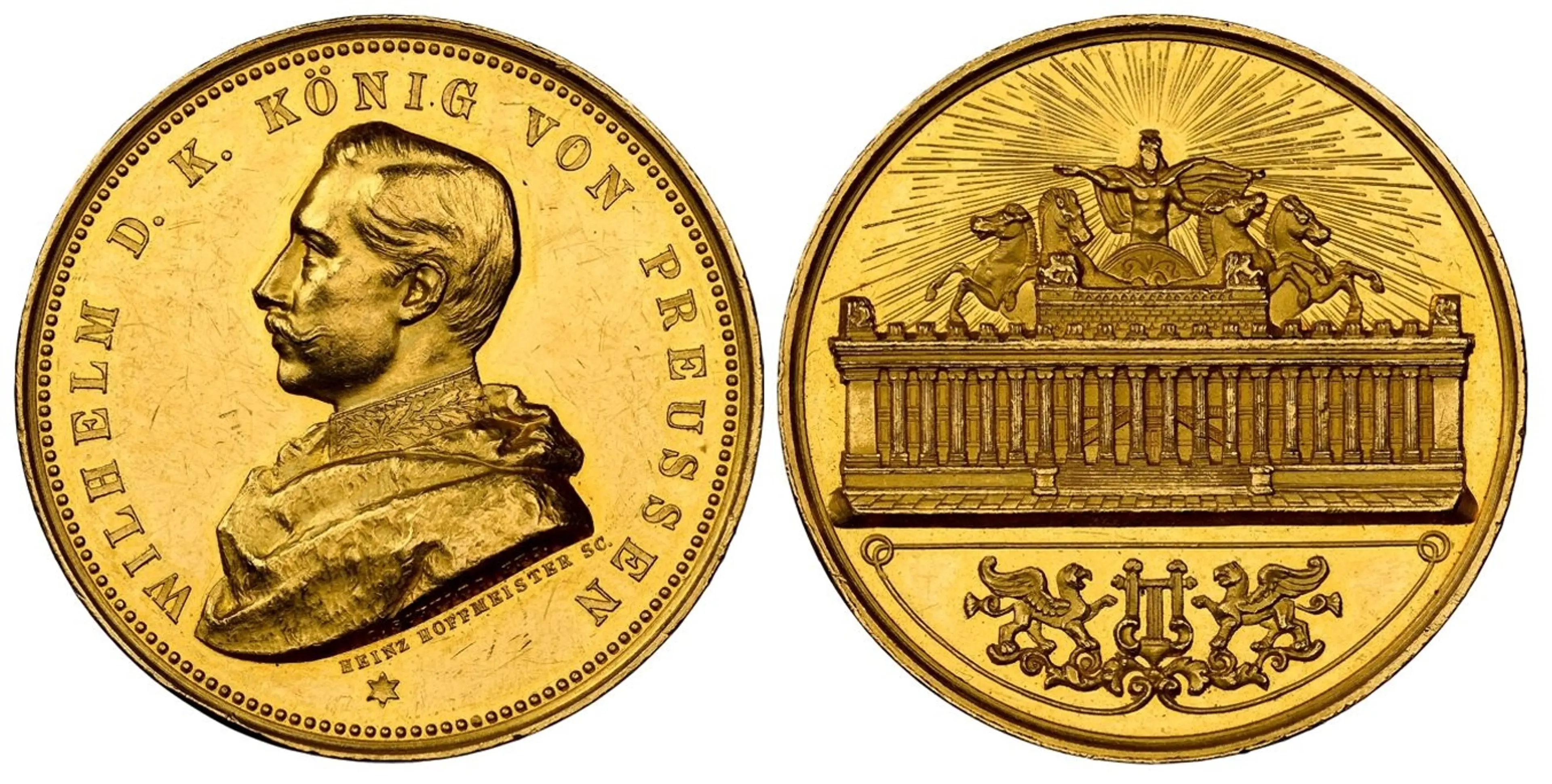 GERMAN STATES. Prussia. Wilhelm II. (Emperor, 1888-1918). (1888) AV Medal of 10 Ducats Weight. NGC MS62. By Heinz Hoffmeister (Obv.) & Otto Schultz (Rev.). Edge: Plain. 30mm. 34.92gm. WILHELM D . K . KÖNIG VON PREUSSEN. Uniform bust of the Emperor, left