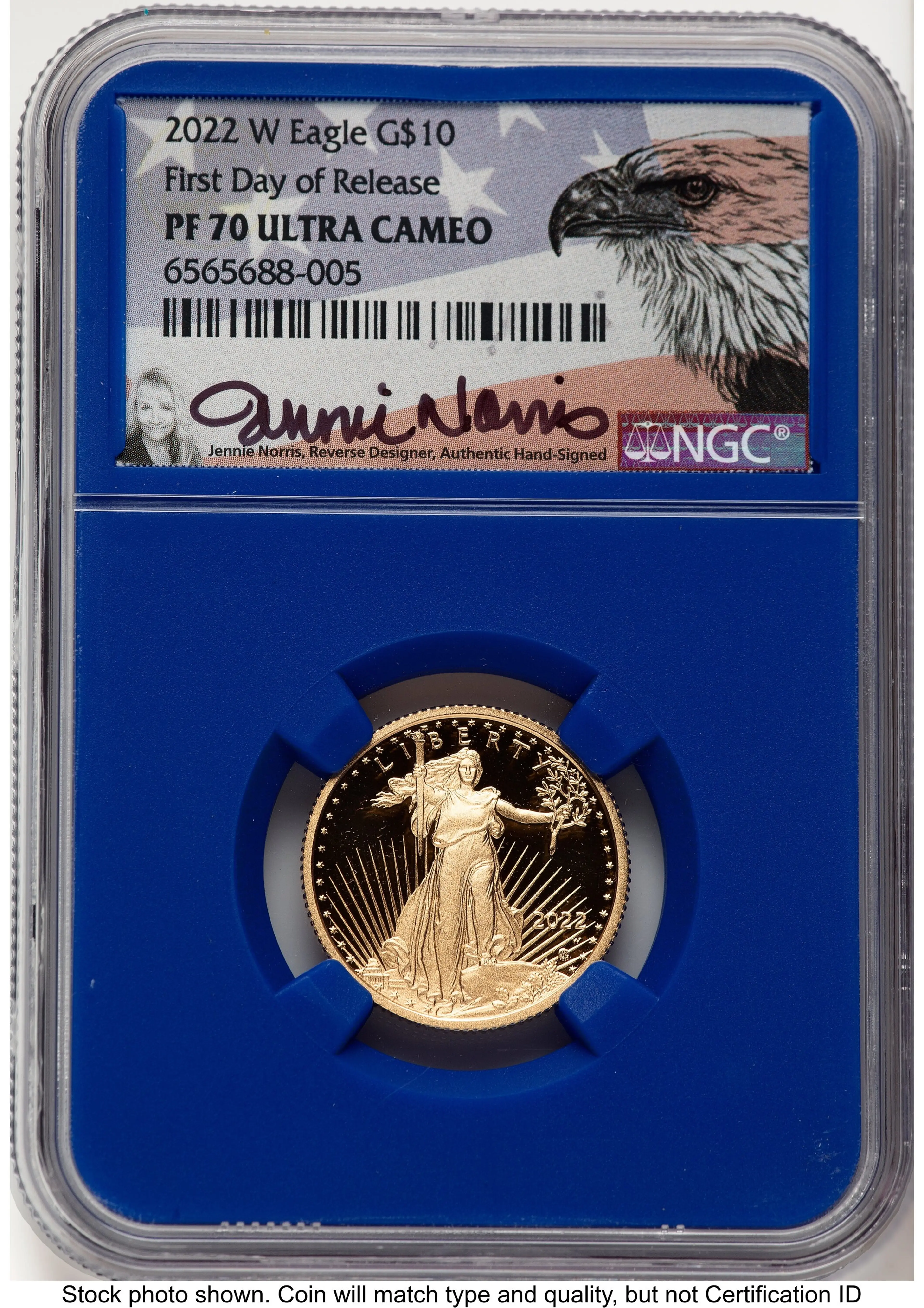2022-W Proof Gold Eagle 1/4 oz FDR Jennie Norris Blue Core