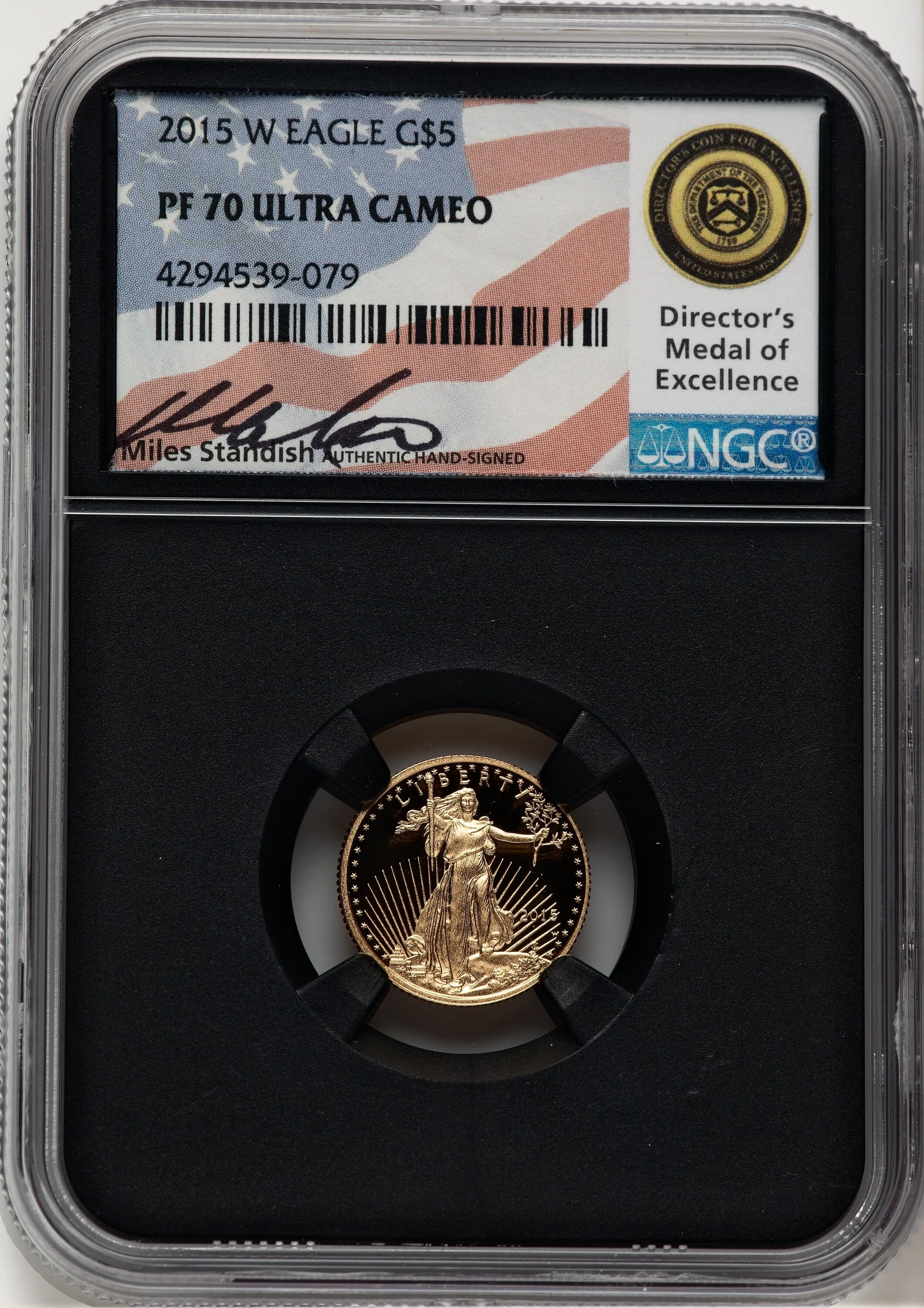 2015-W Proof Gold Eagle 1/10 oz Miles Standish Blk Core