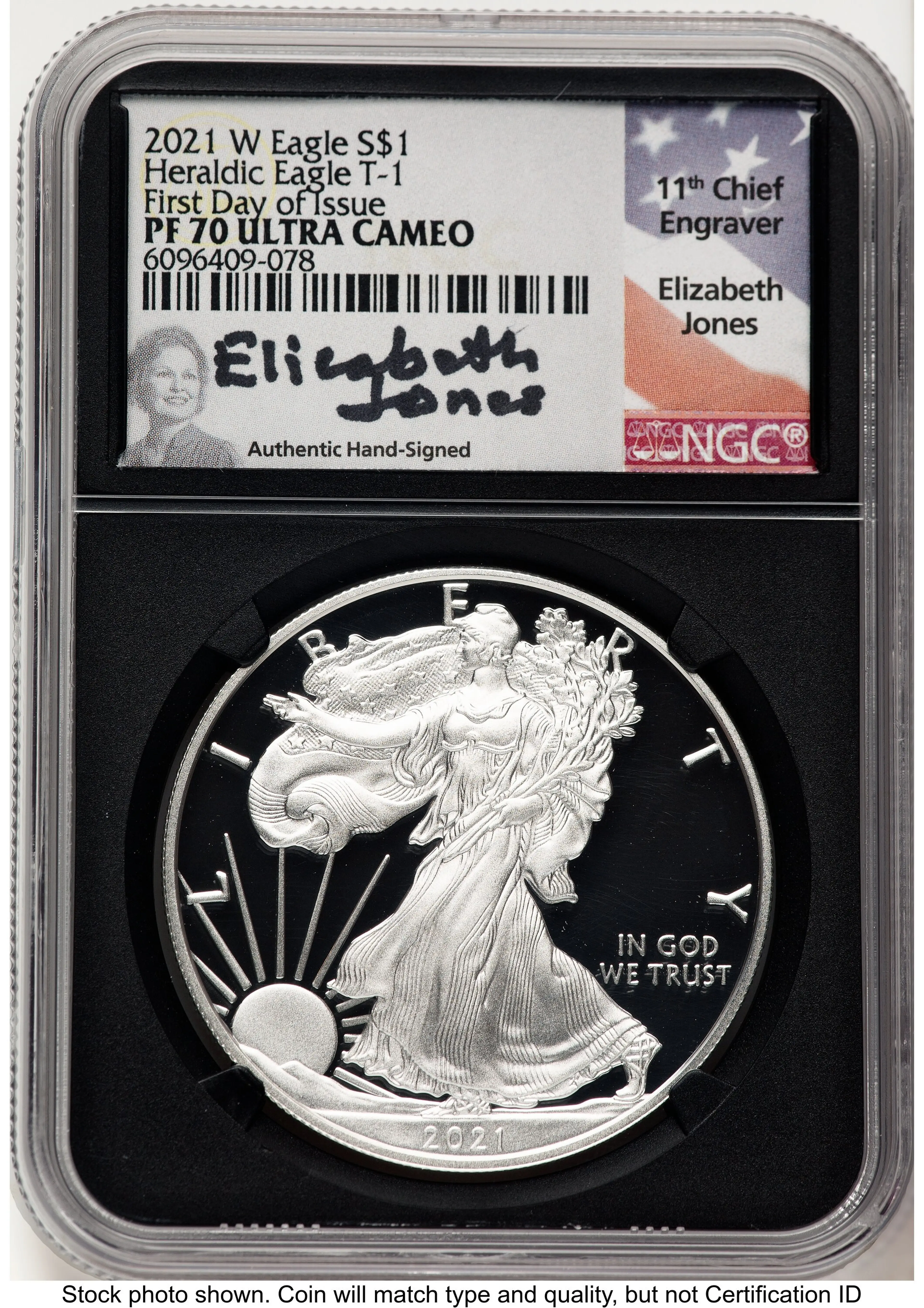 2021-W TY1 Proof Silver Eagle 1 oz FDI Elizabeth Jones Blk Core