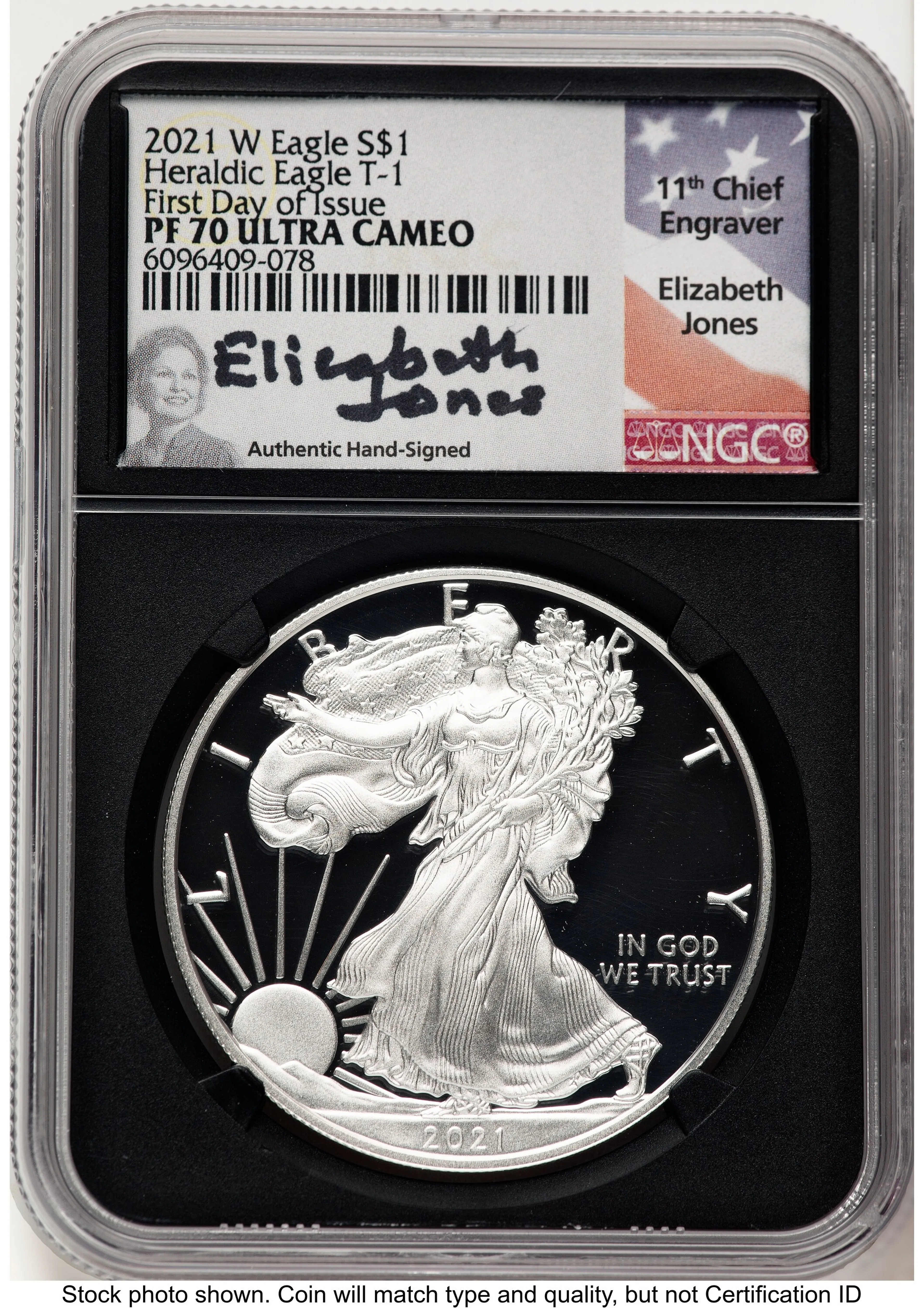 2021-W TY1 Proof Silver Eagle 1 oz FDI Elizabeth Jones Blk Core - Image 1