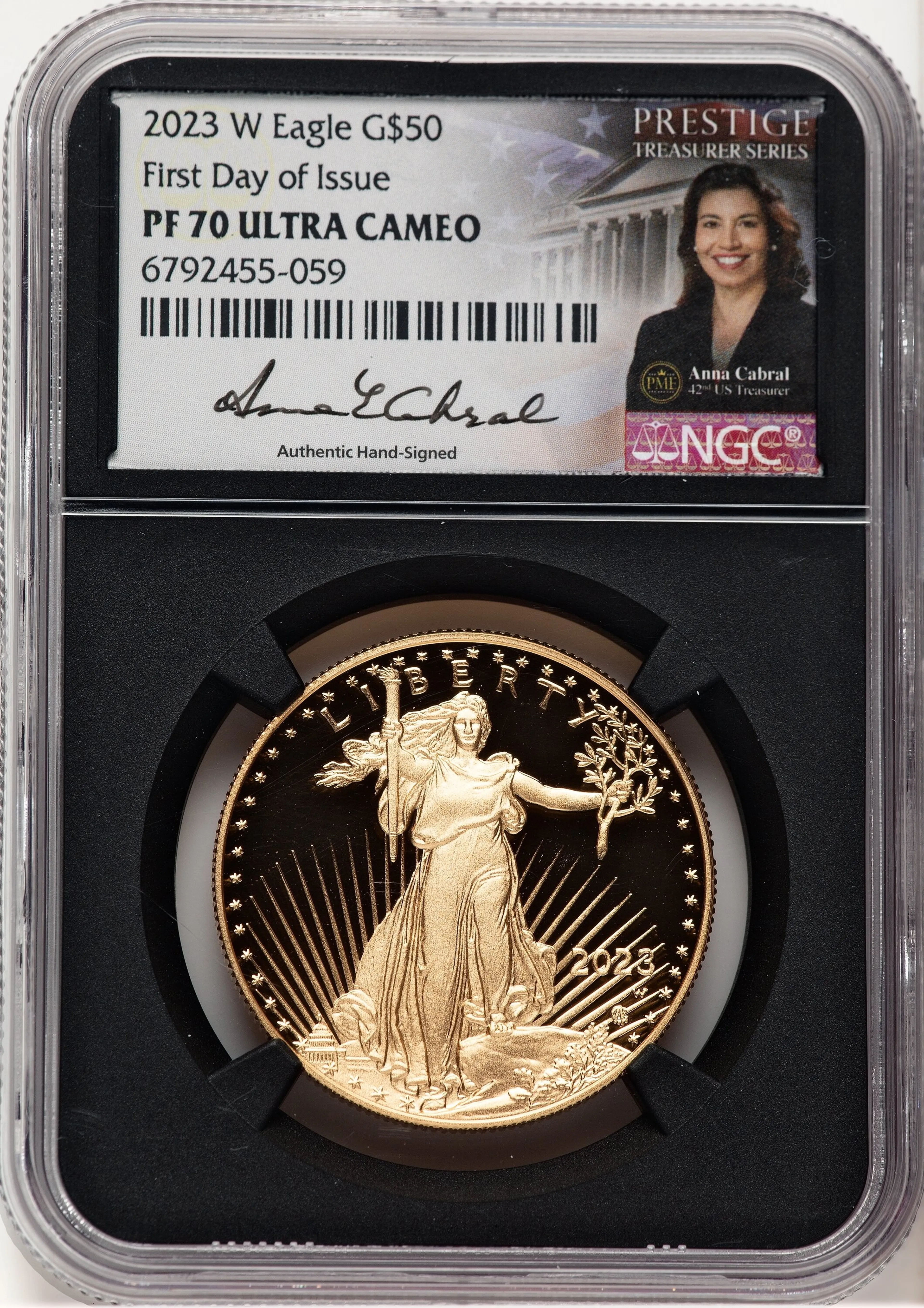 2023-W Proof Gold Eagle 1 oz FDI Anna Cabral Prestige Treasurer Series Blk Core - Image 1
