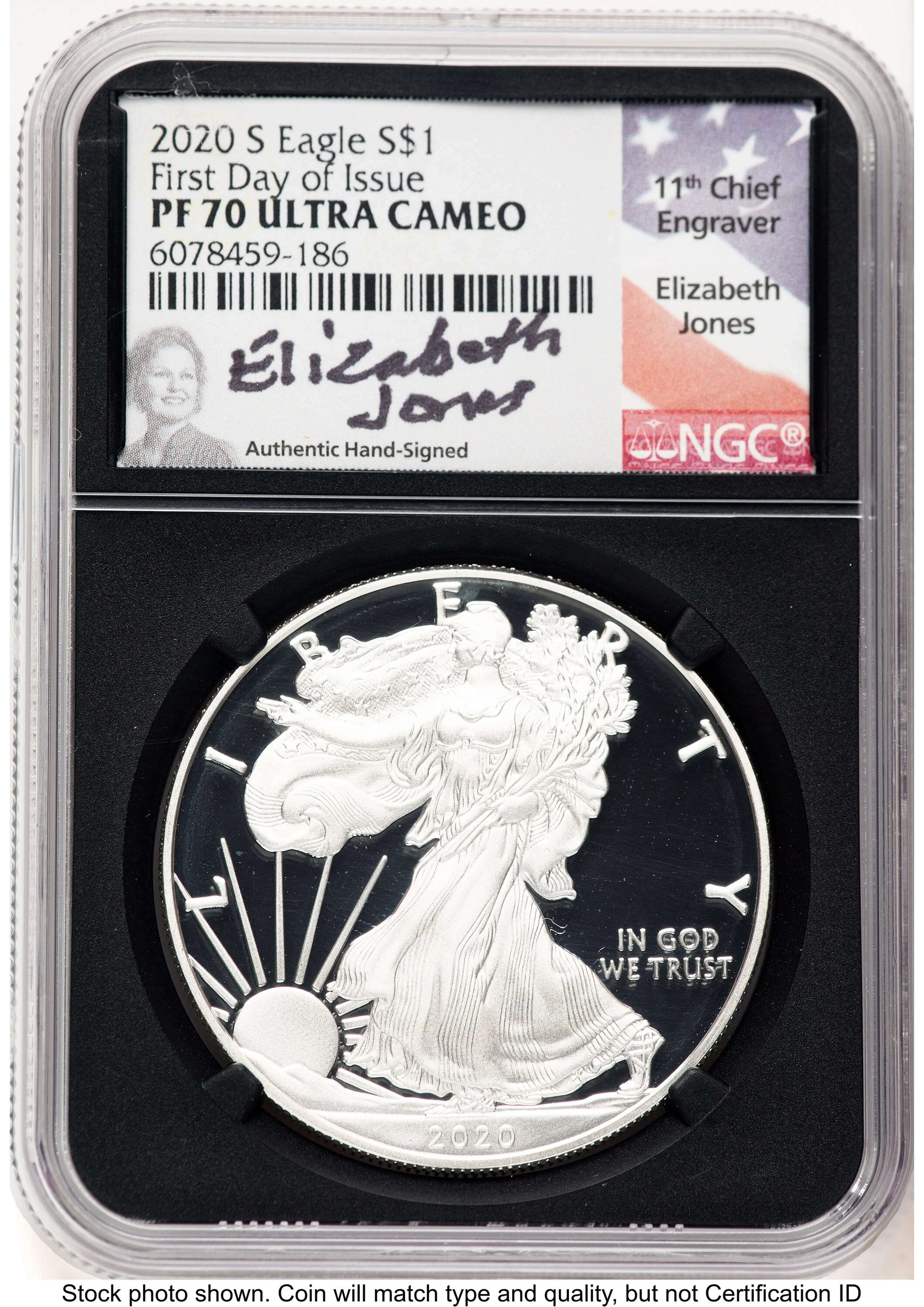 2020-S Proof Silver Eagle 1 oz FDI Elizabeth Jones Blk Core