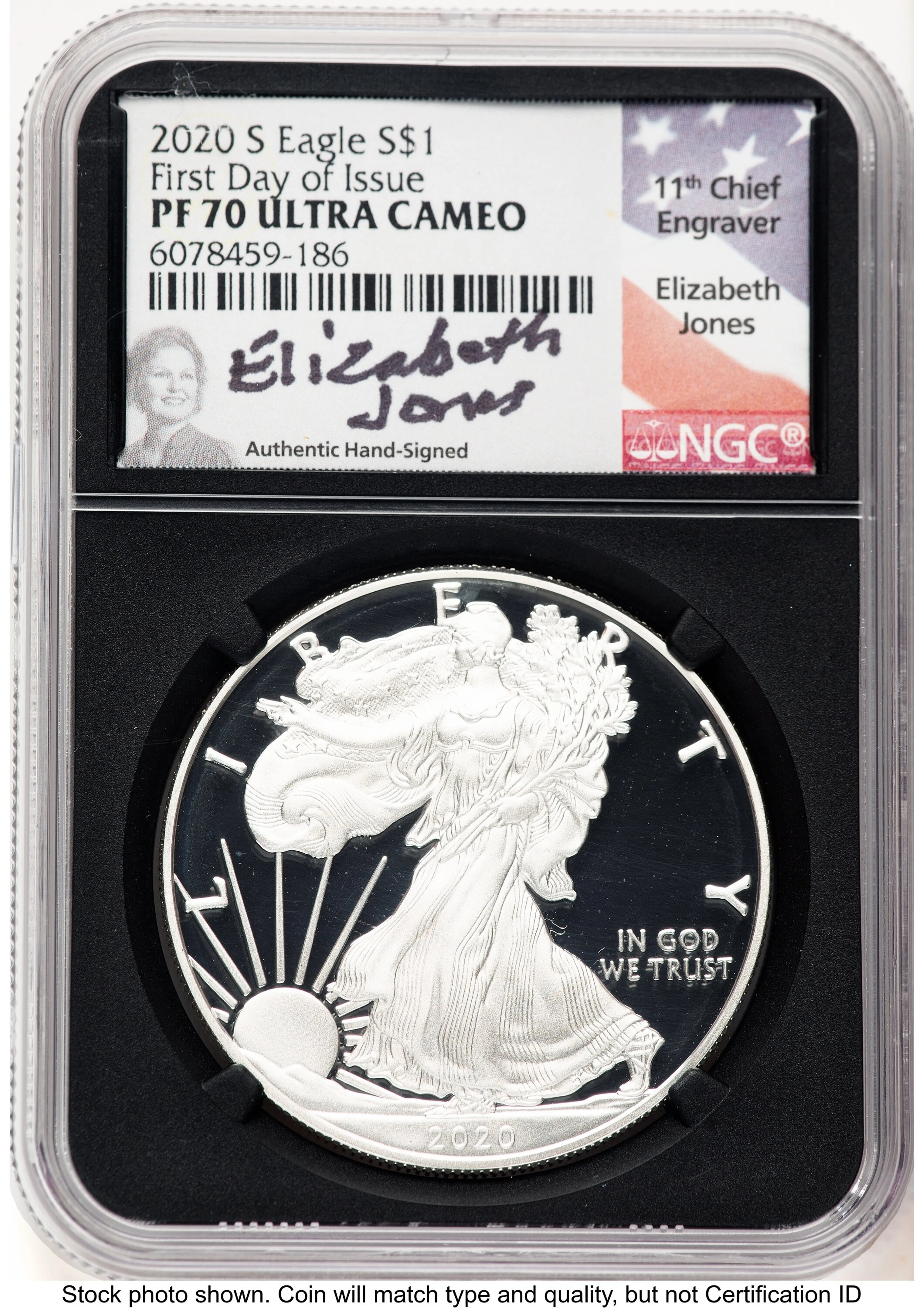 2020-S Proof Silver Eagle 1 oz FDI Elizabeth Jones Blk Core - Image 1