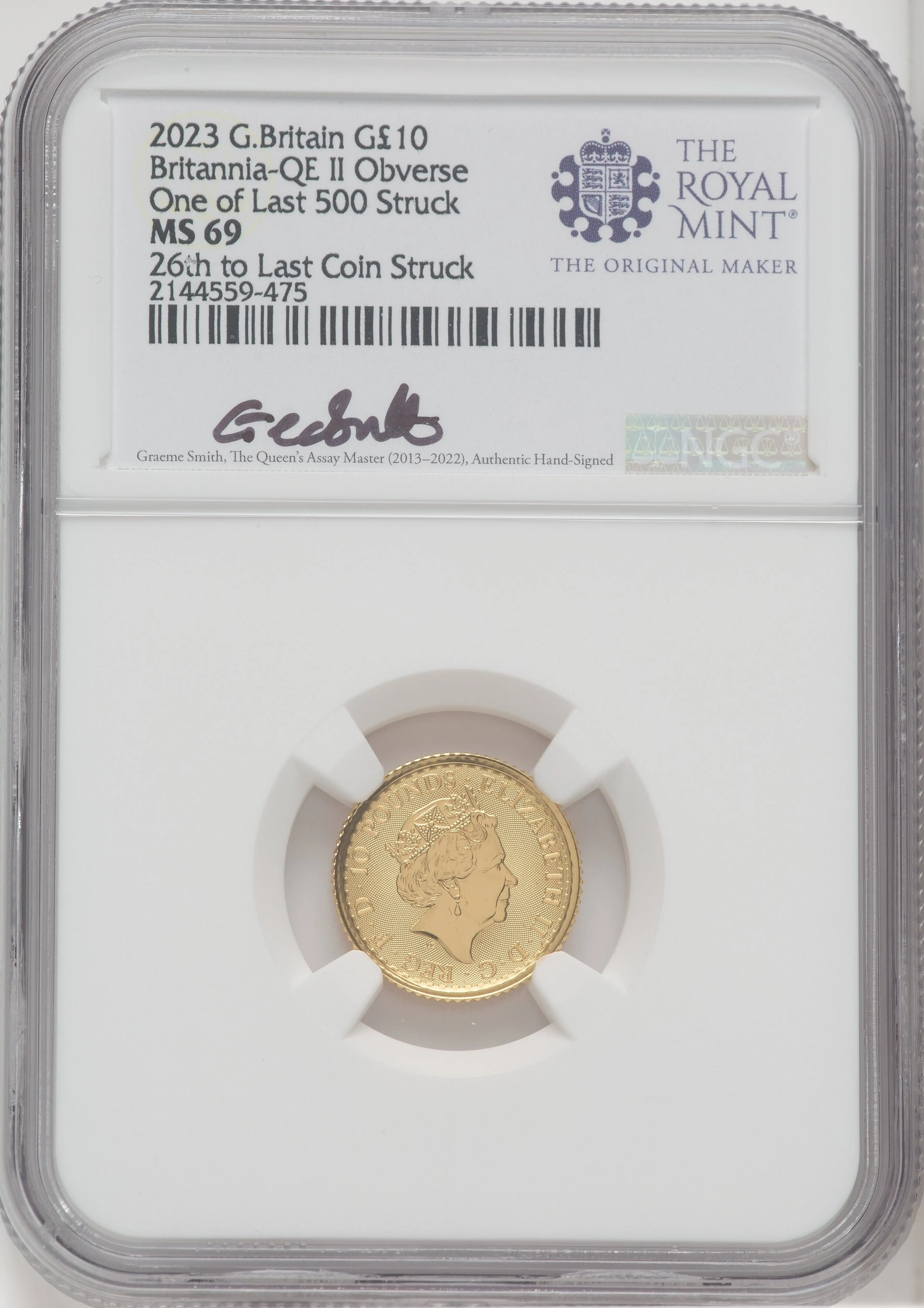 2023 G.B. G10 BRITANNIA-QE II OBVERSE 26TH TO LAST COIN STRUCK