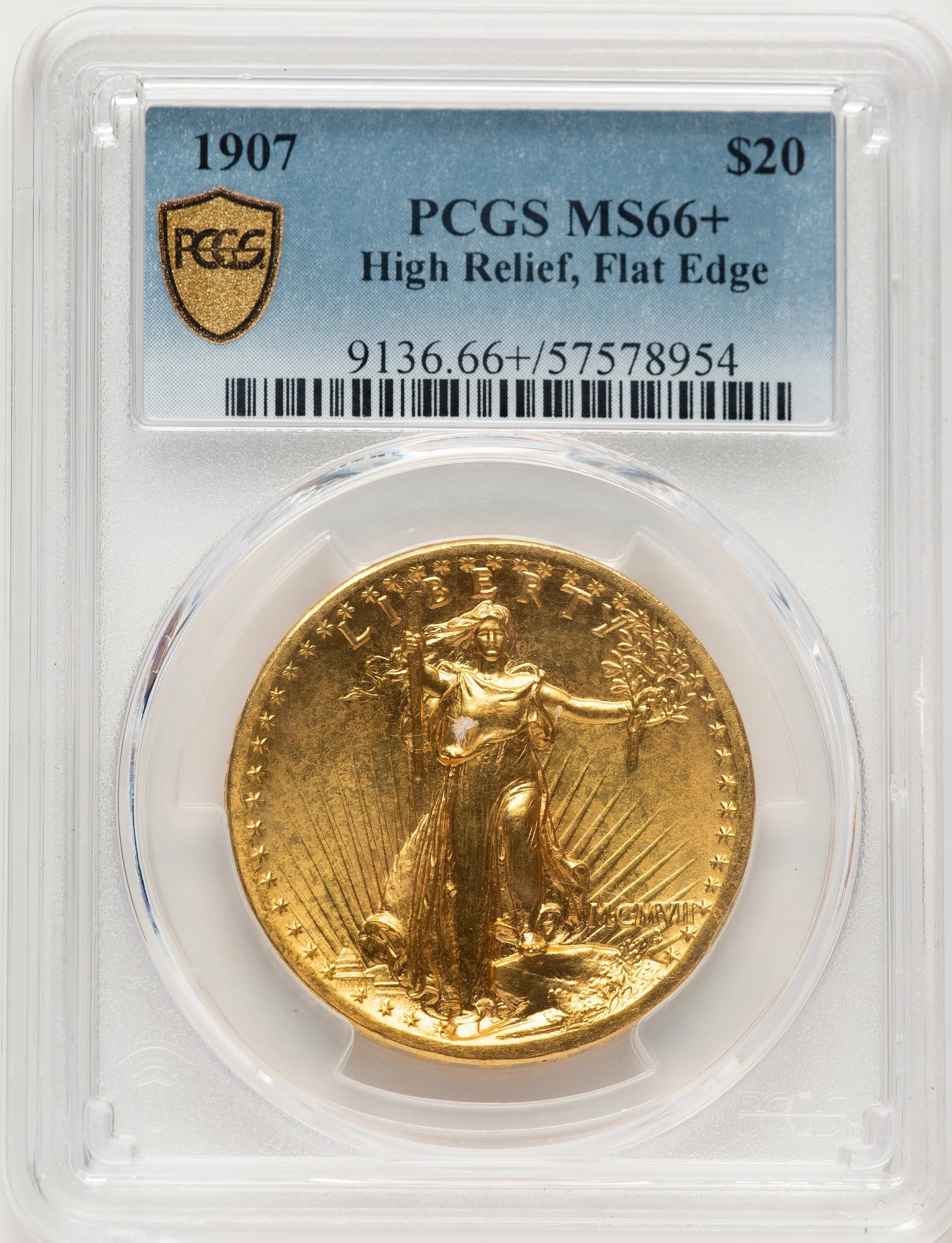 1907 $20 High Relief, Flat RimPCGS Plus