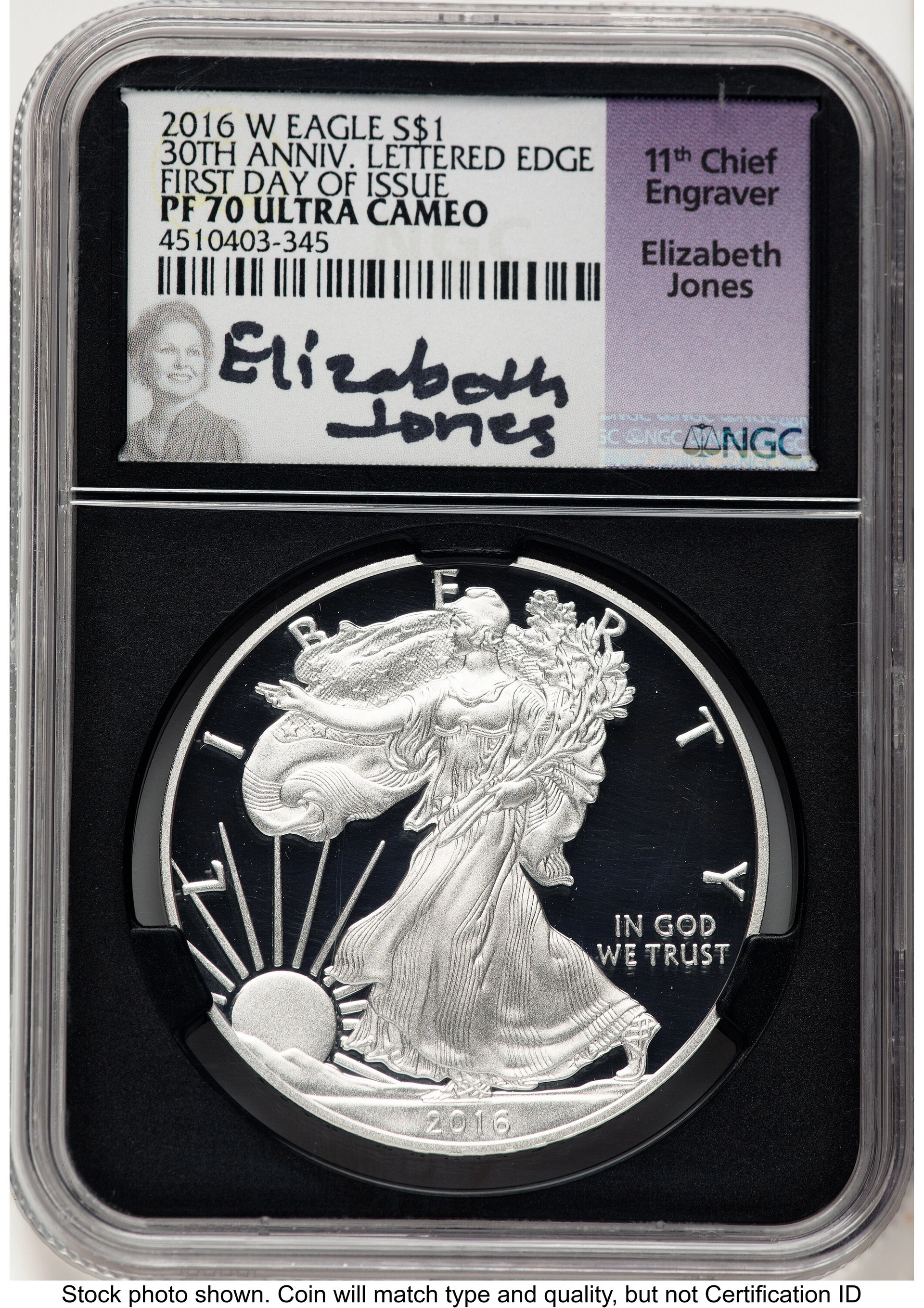 2016-W Proof Silver Eagle 1 oz FDI Elizabeth Jones Blk Core