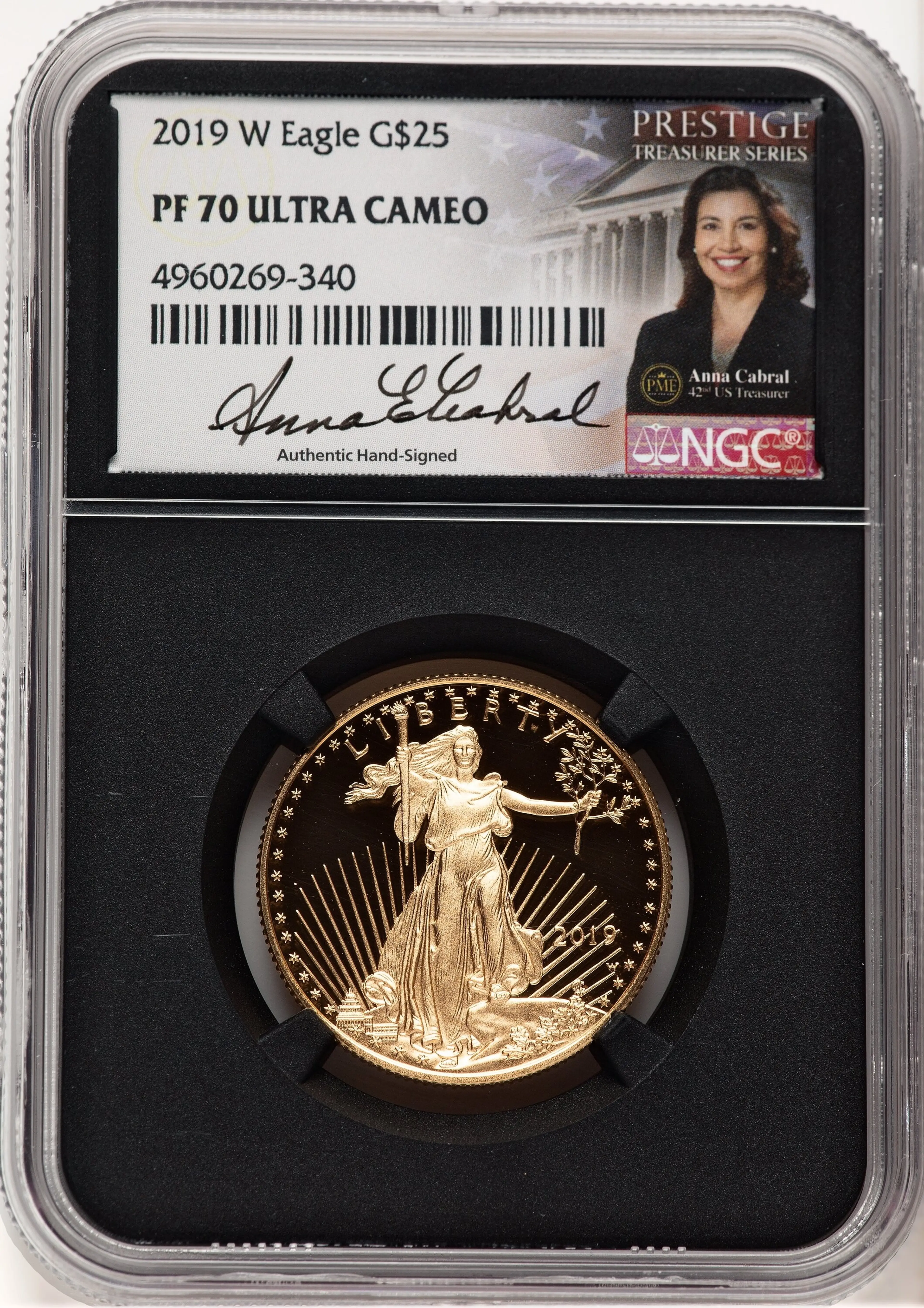 2019-W Proof Gold Eagle 1/2 oz Anna Cabral Prestige Treasurer Series Blk Core