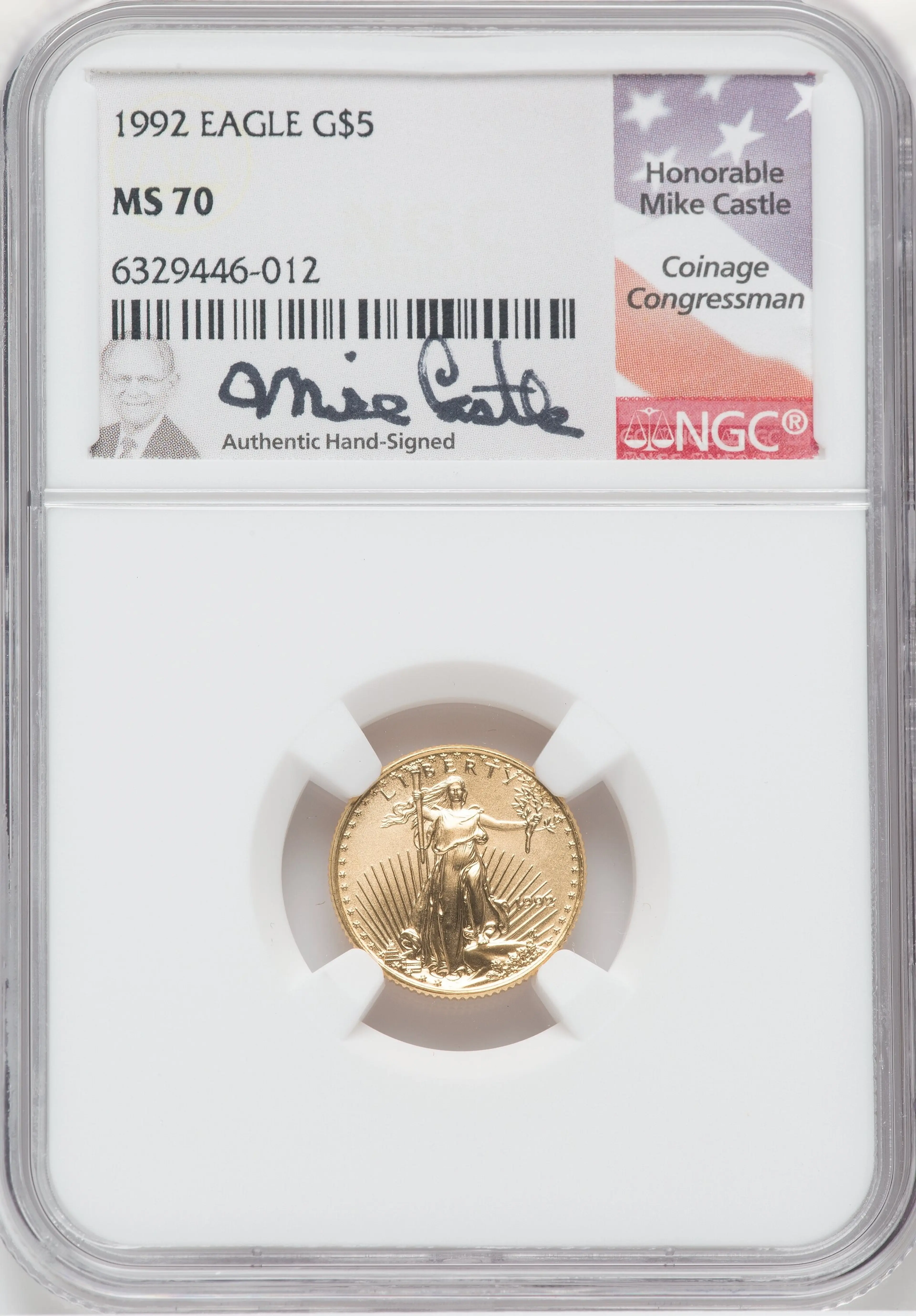 1992 $5 Tenth-Ounce Gold Eagle, MS Mike Castle