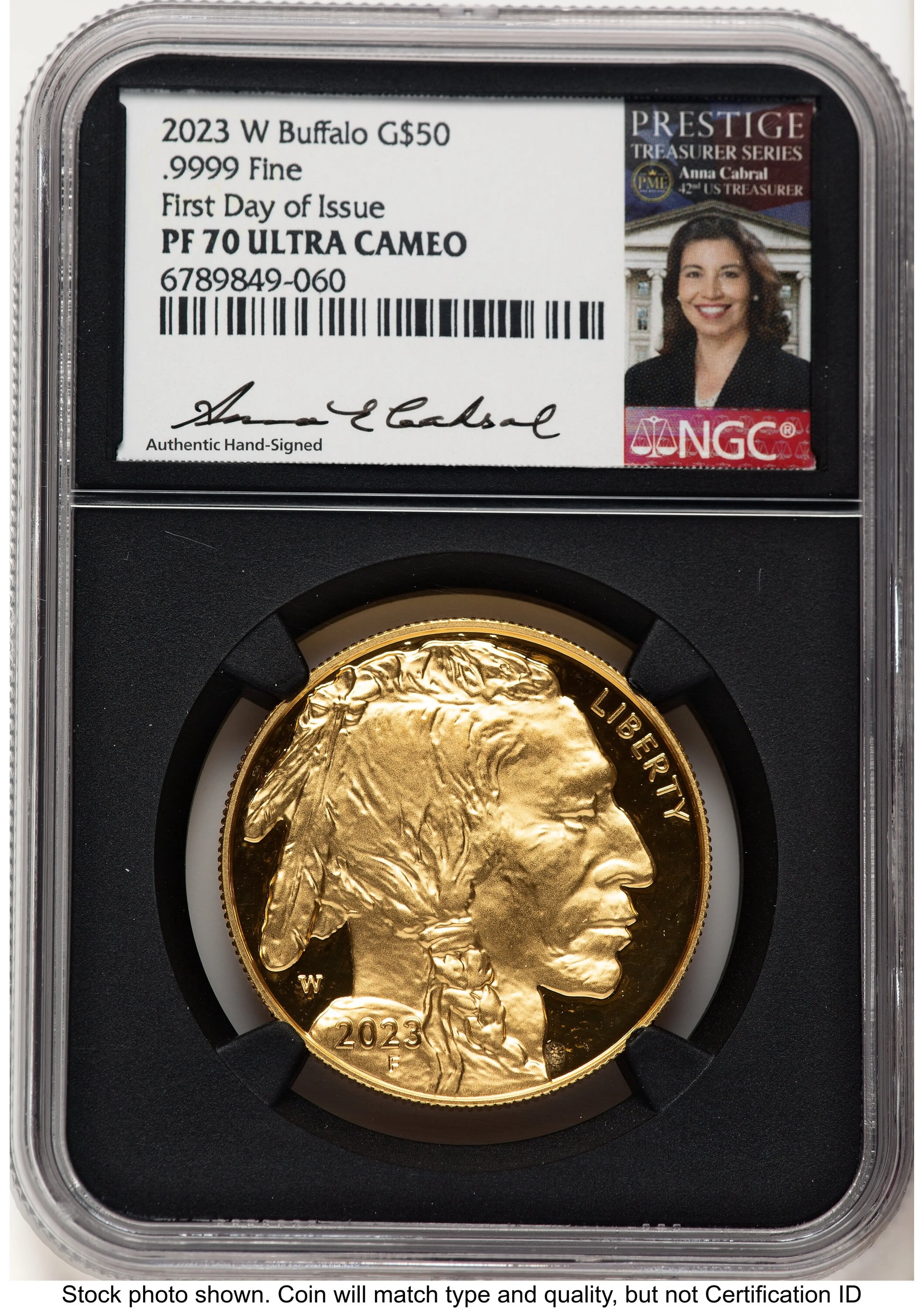 2023-W Proof Gold Buffalo 1 oz FDI Anna Cabral Prestige Treasurer Series Blk Core