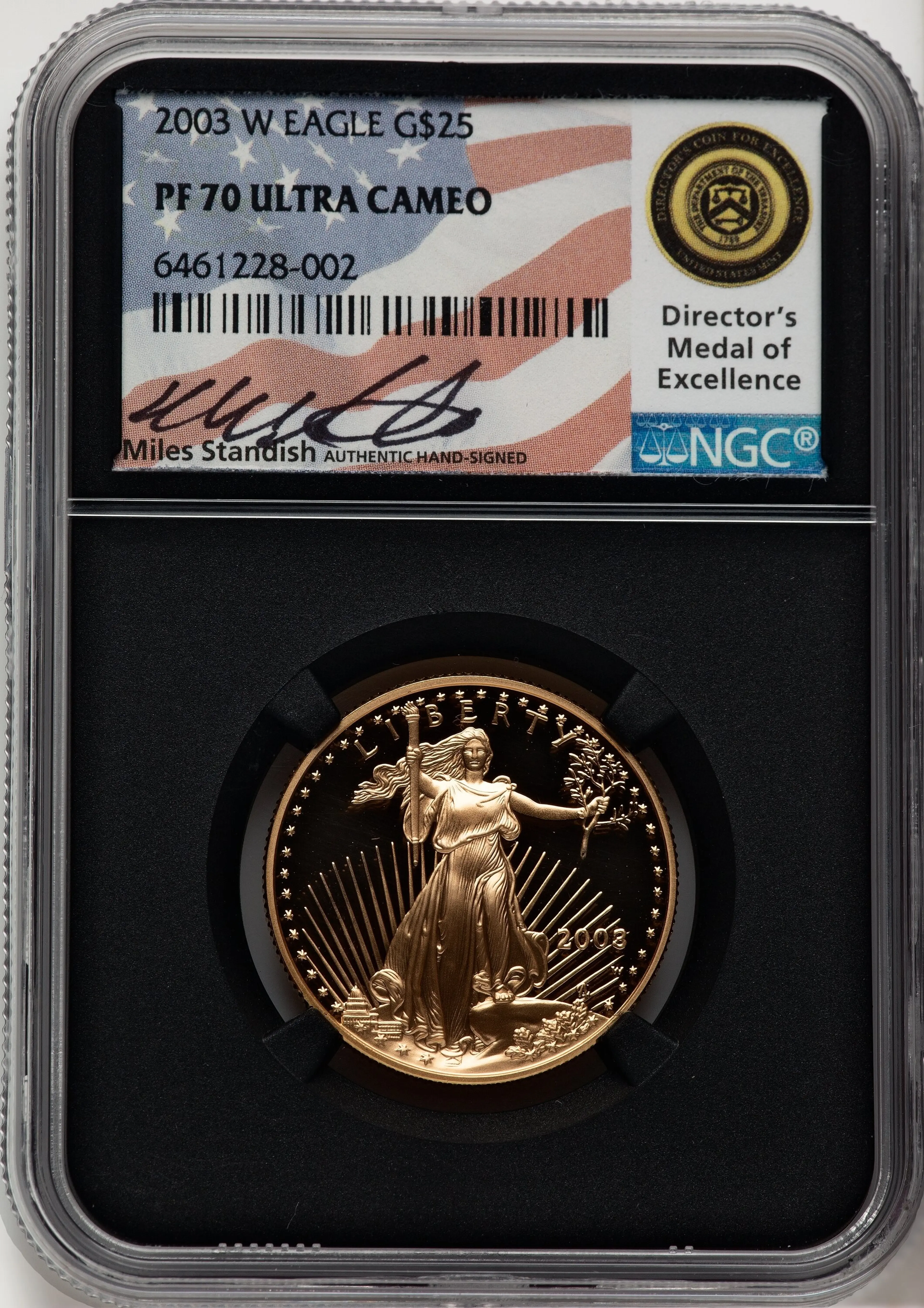 2003-W Proof Gold Eagle 1/2 oz Miles Standish Blk Core