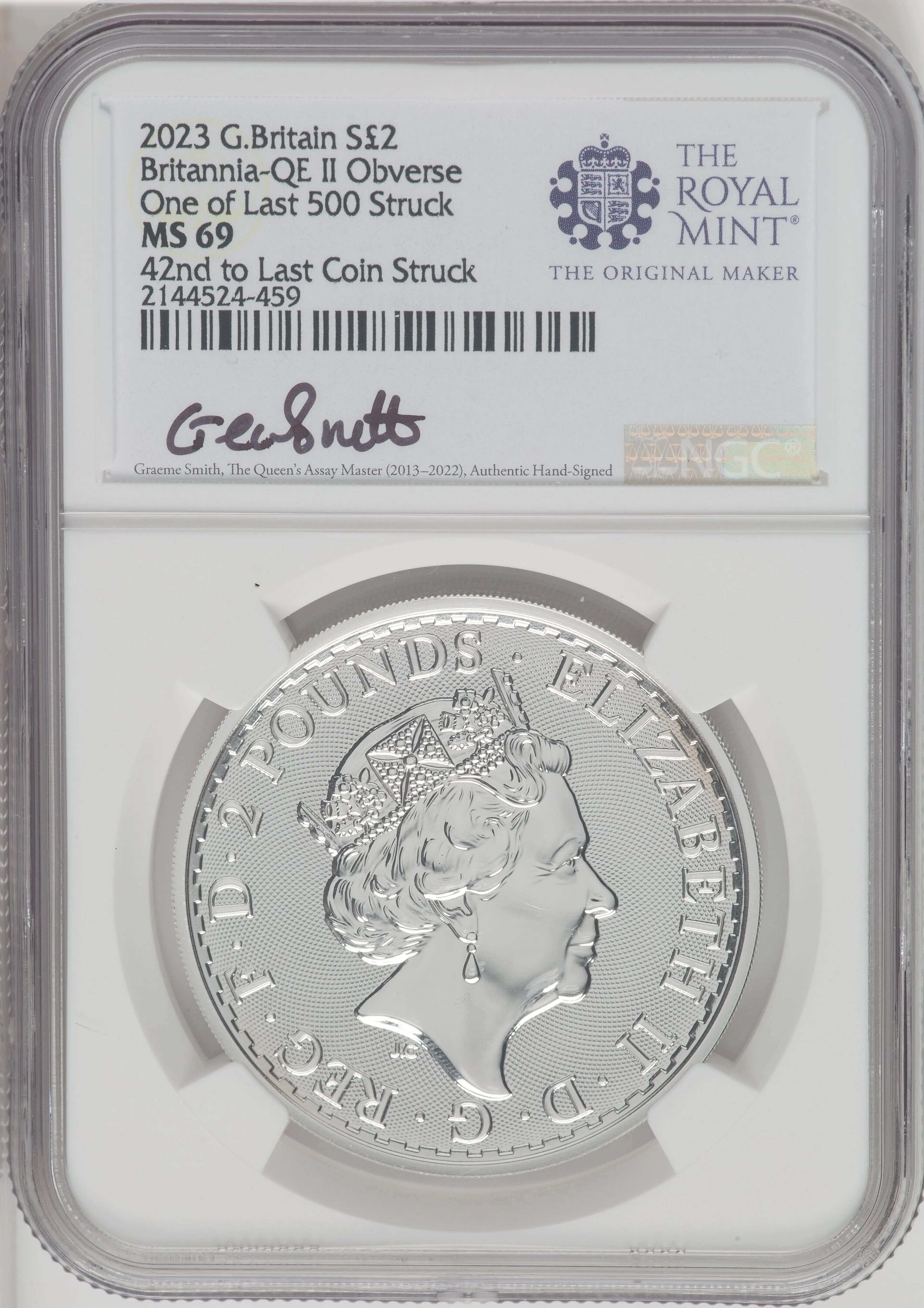 2023 G.B. S2 BRITANNIA-QE II OBVERSE 42ND TO LAST COIN STRUCK.