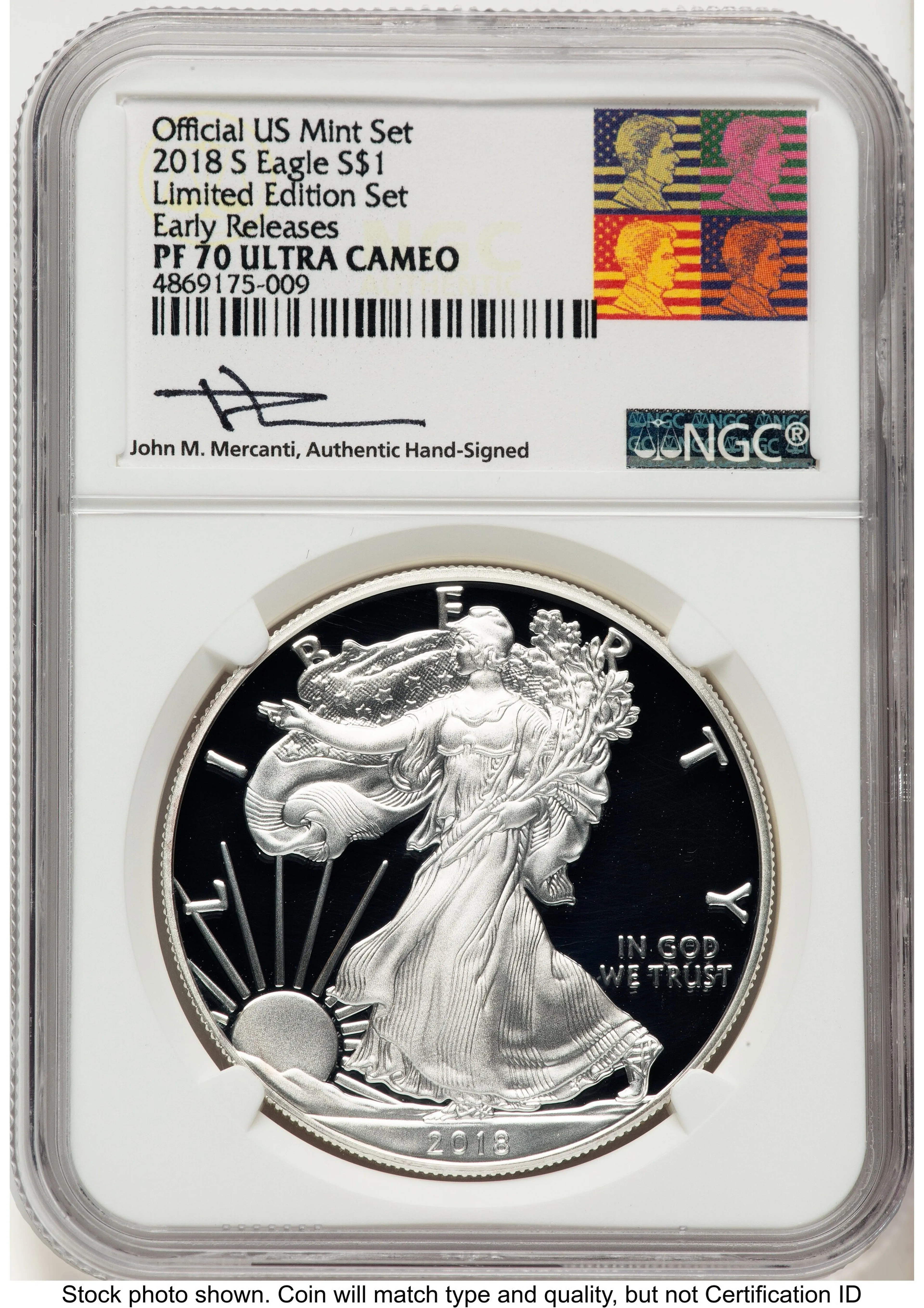 2018-S Proof Silver Eagle Limited Edition Proof Set 1 oz ER John Mercanti Reagan Bust Art - Image 1