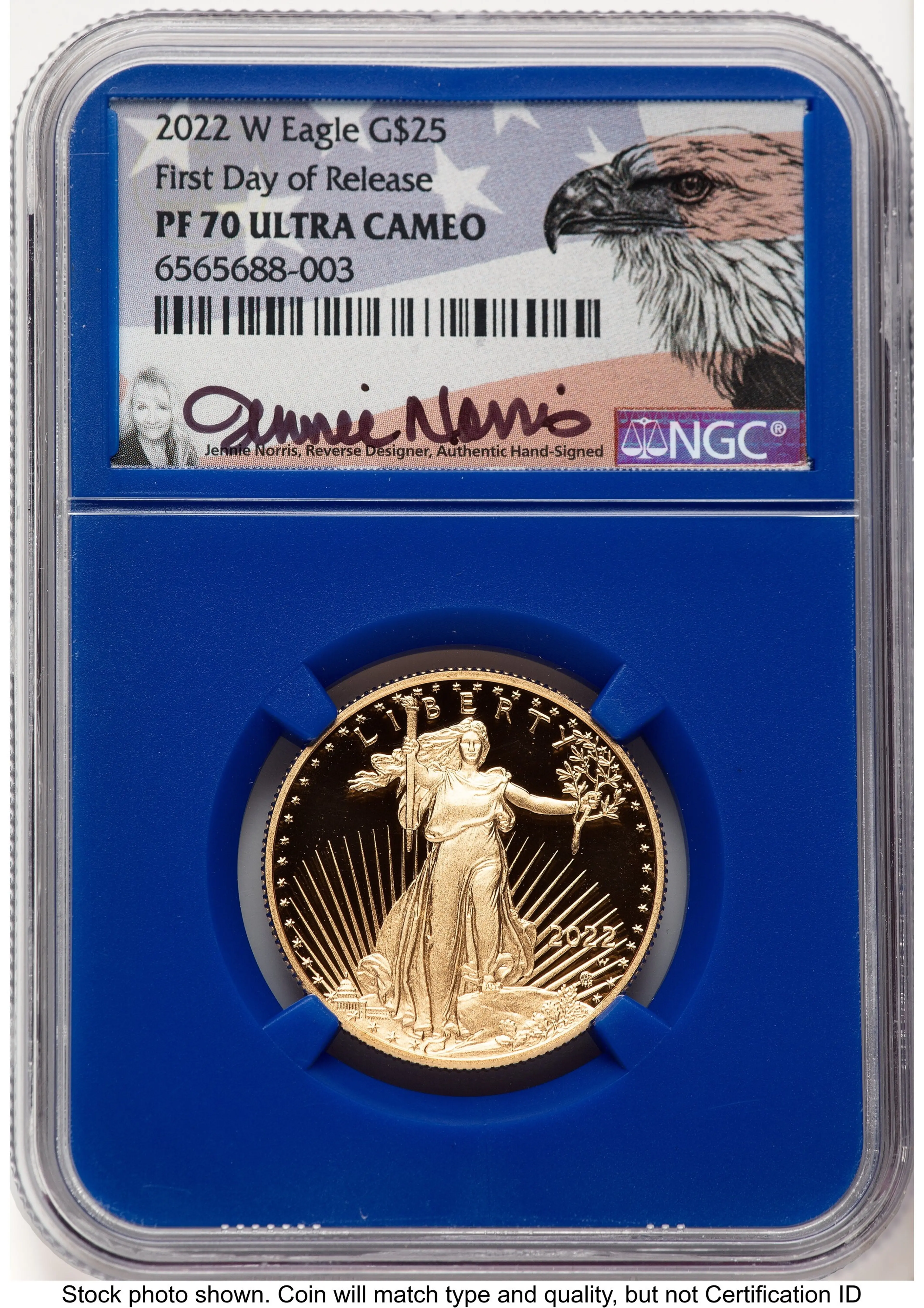 2022-W Proof Gold Eagle 1/2 oz FDR Jennie Norris Blue Core