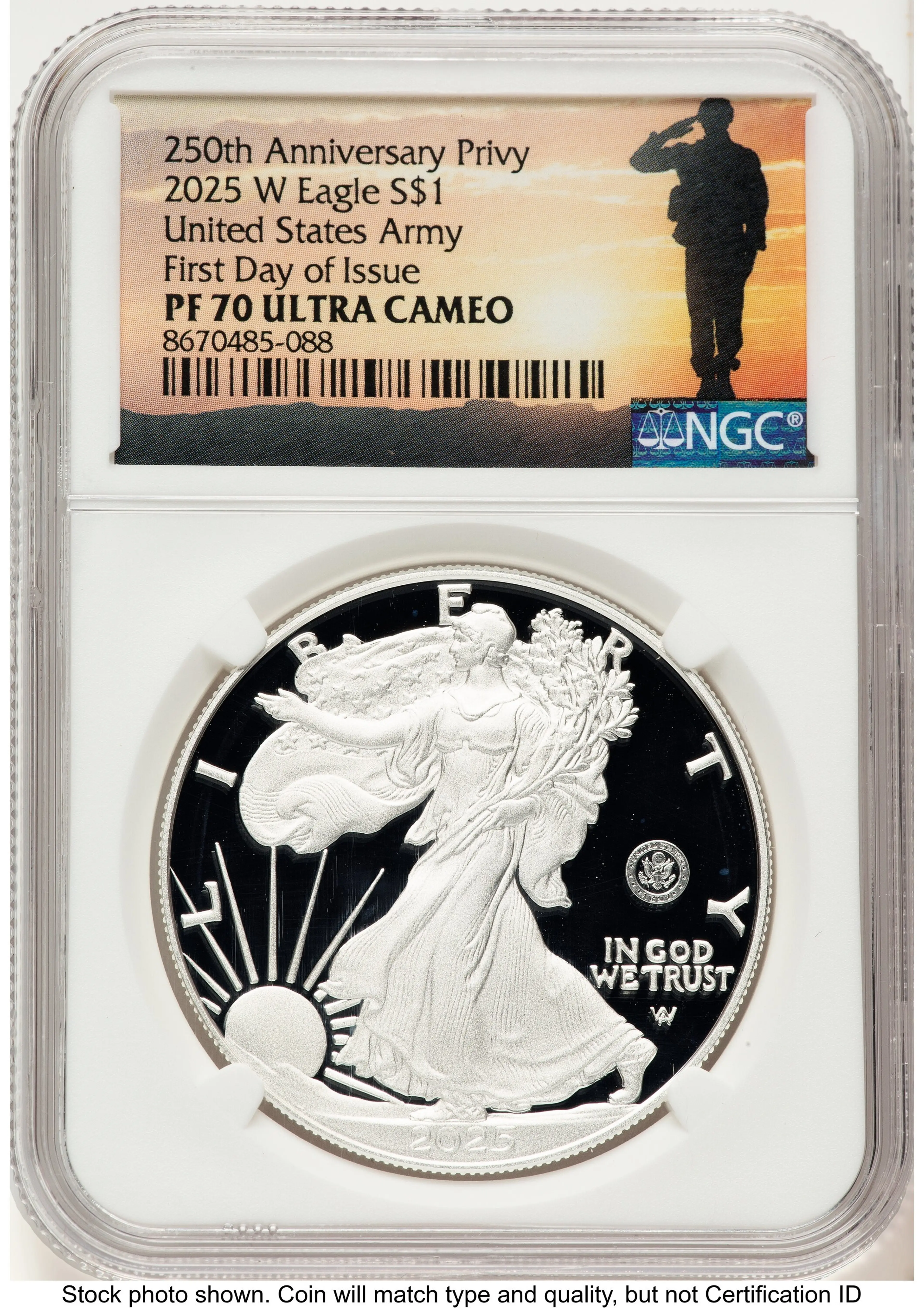 2025-W Proof Silver Eagle Privy U.S. Army 250th Anniversary 1 oz FDI Military Honor Orange