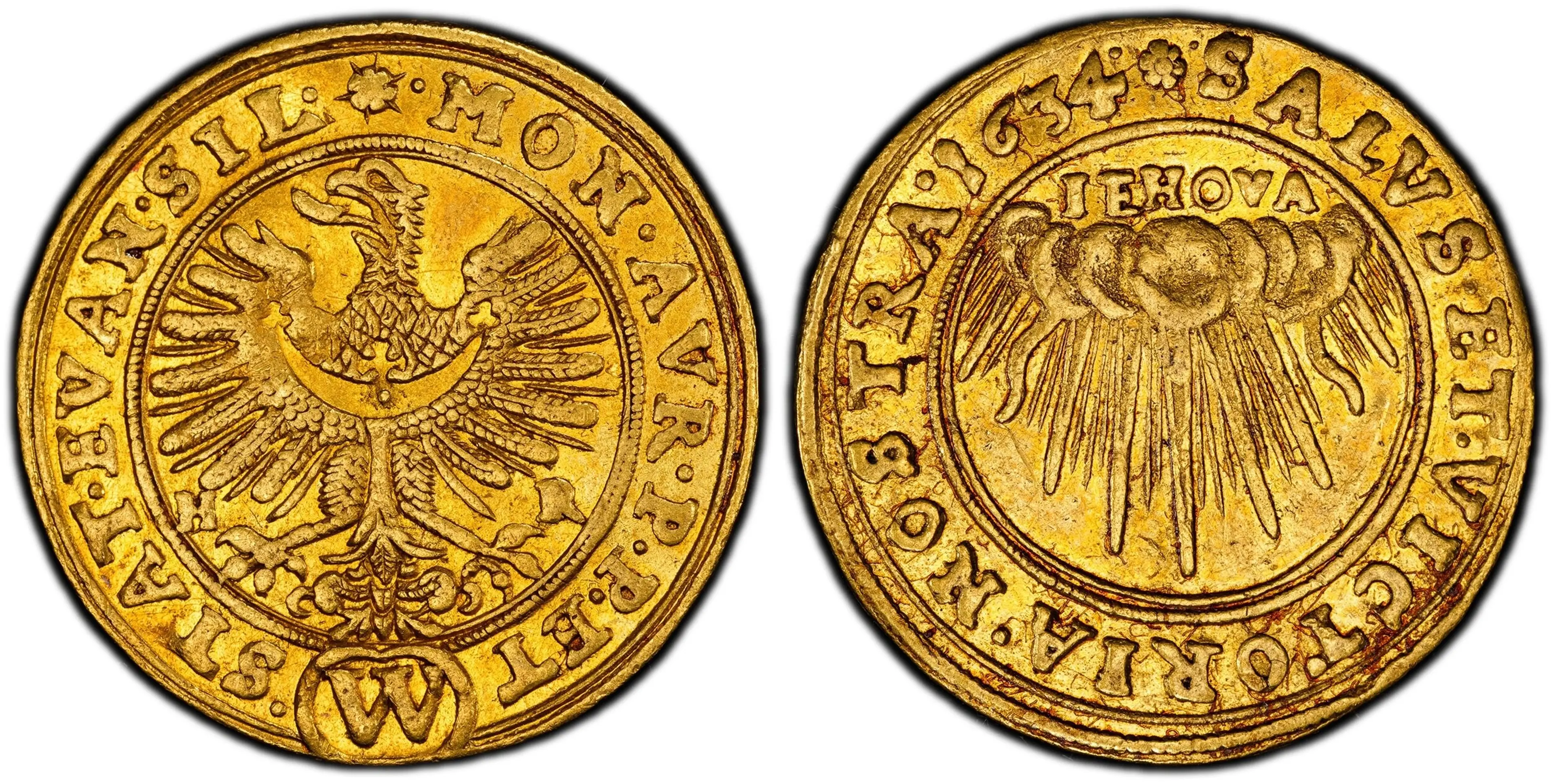GERMAN STATES. Silesia. Ferdinand II. 1634 AV Ducat. PCGS AU55. Breslau (Wroclaw) Mint. 3.44gm. Radiant IEHOVA from cloud within inner circle; legend around / Imperial eagle facing left; (W) below. Fr.-3109; Kopicki 7036. Evangelical States of Silesia.