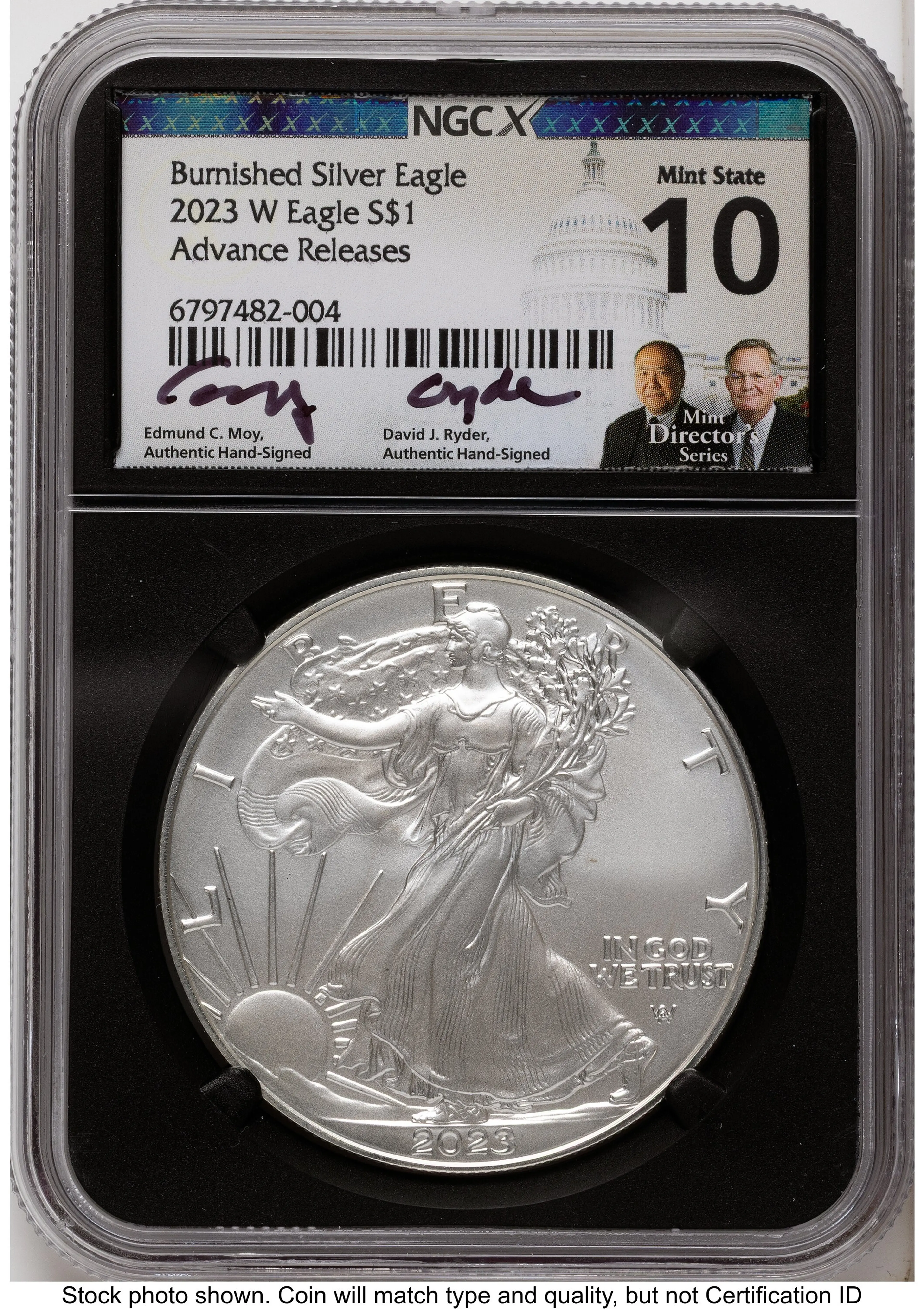 2023-W Burnished Silver Eagle 1 oz AR Ed Moy/David J Ryder Mint Director's Series Blk Core