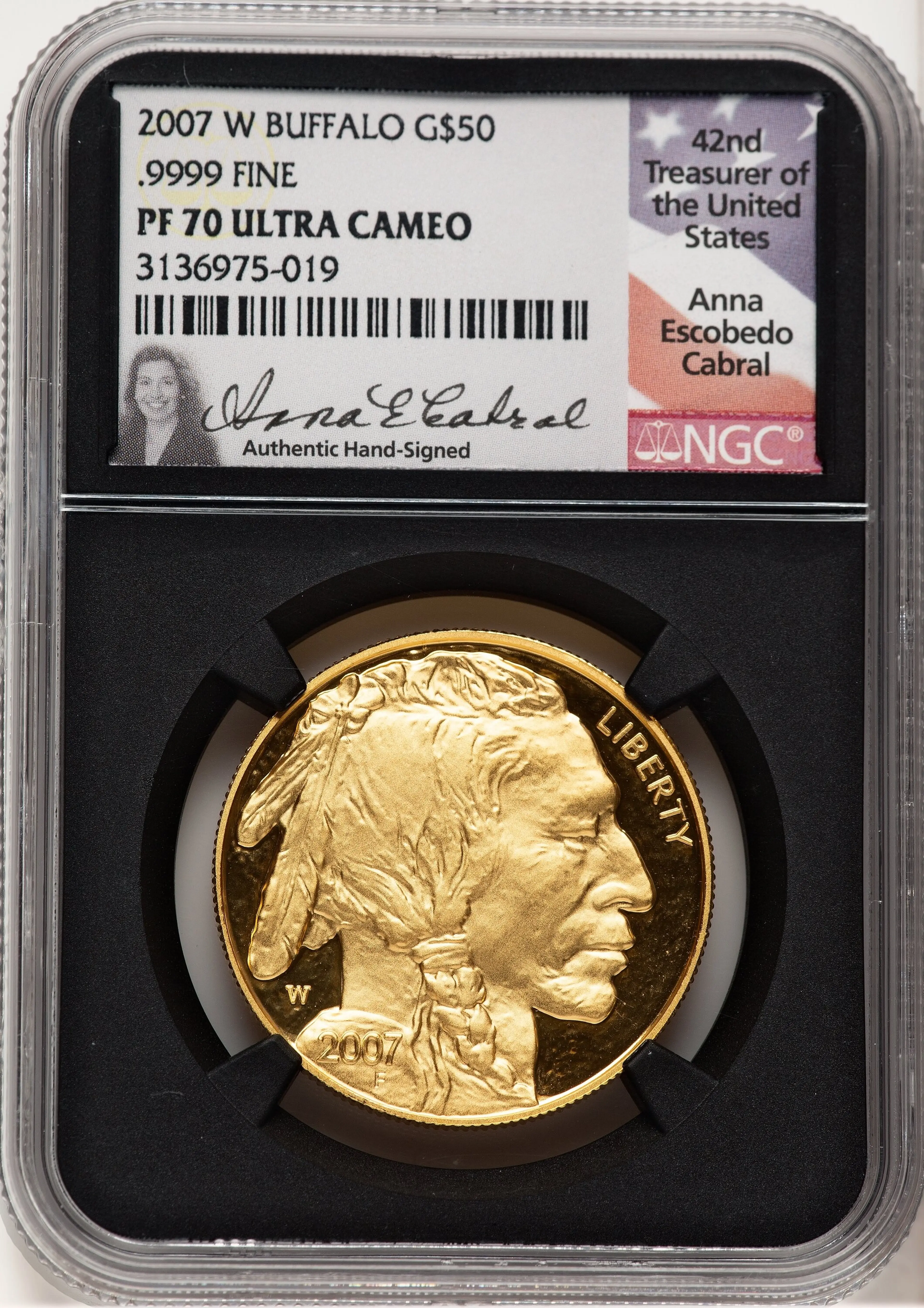 2007-W Proof Gold Buffalo 1 oz Anna Cabral Blk Core