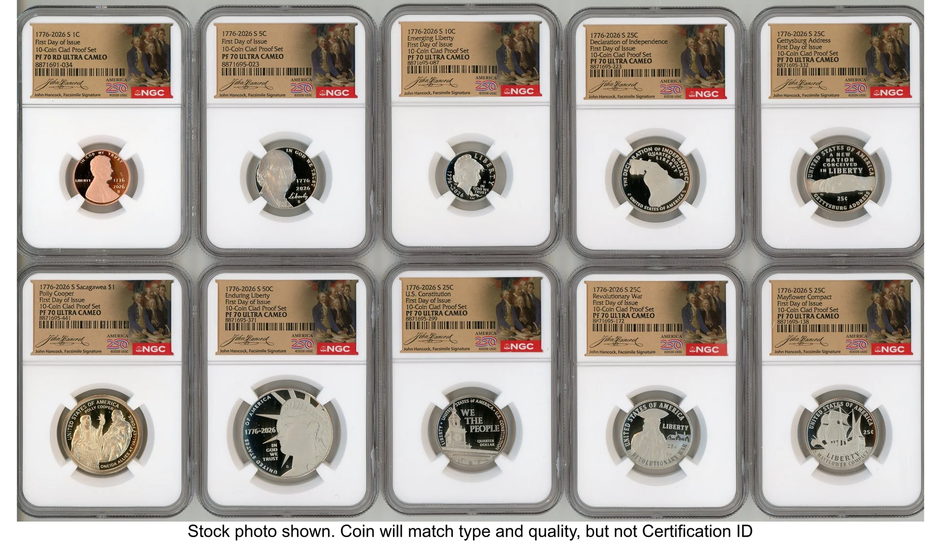 2026 10 Coin Semiquincentennial Clad Proof Set FDI America 250 John Hancock Label - 1