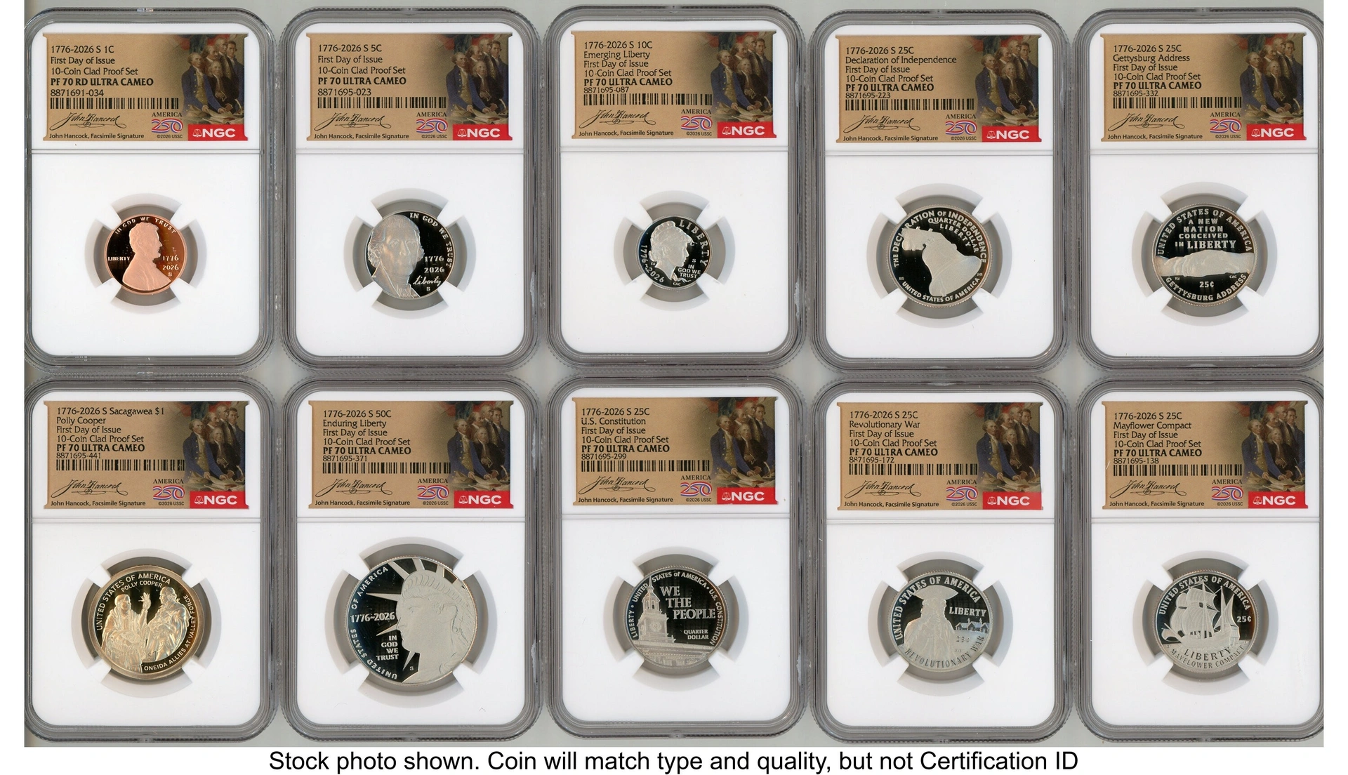 2026 10 Coin Semiquincentennial Clad Proof Set FDI America 250 John Hancock Label