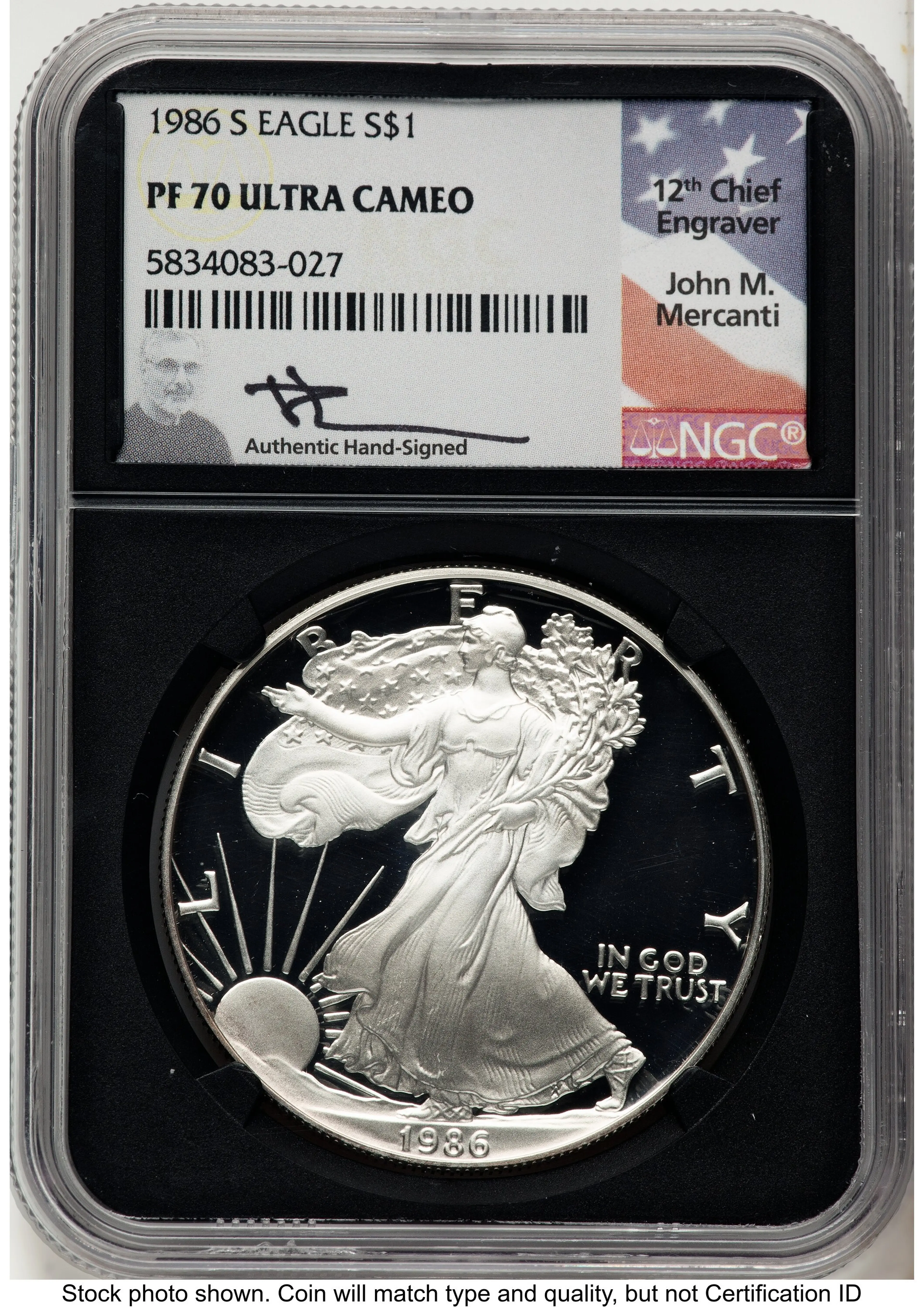 1986-S Proof Silver Eagle 1 oz John Mercanti Blk Core