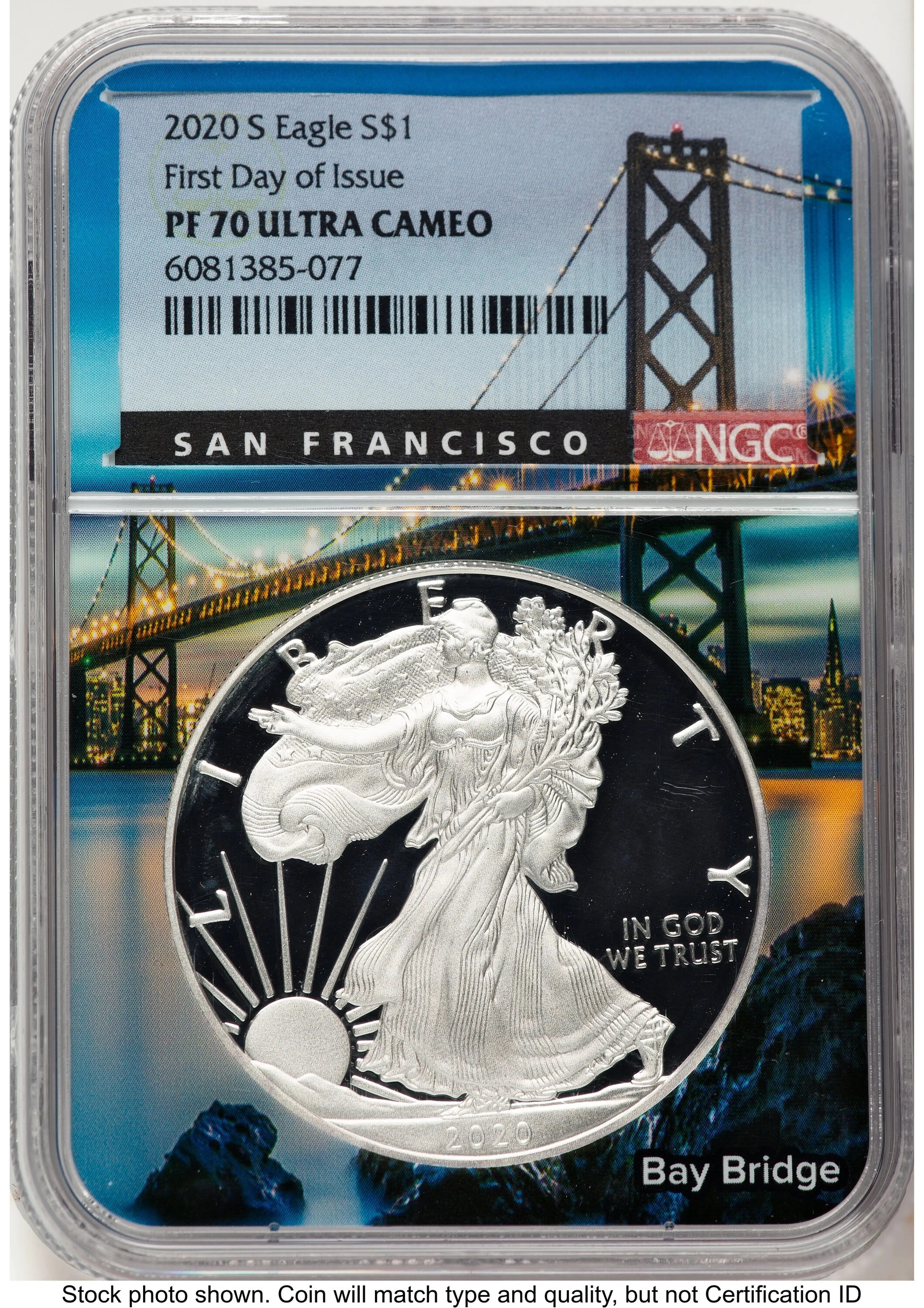 2020-S Proof Silver Eagle 1 oz FDI San Francisco Bay Bridge Core/Label