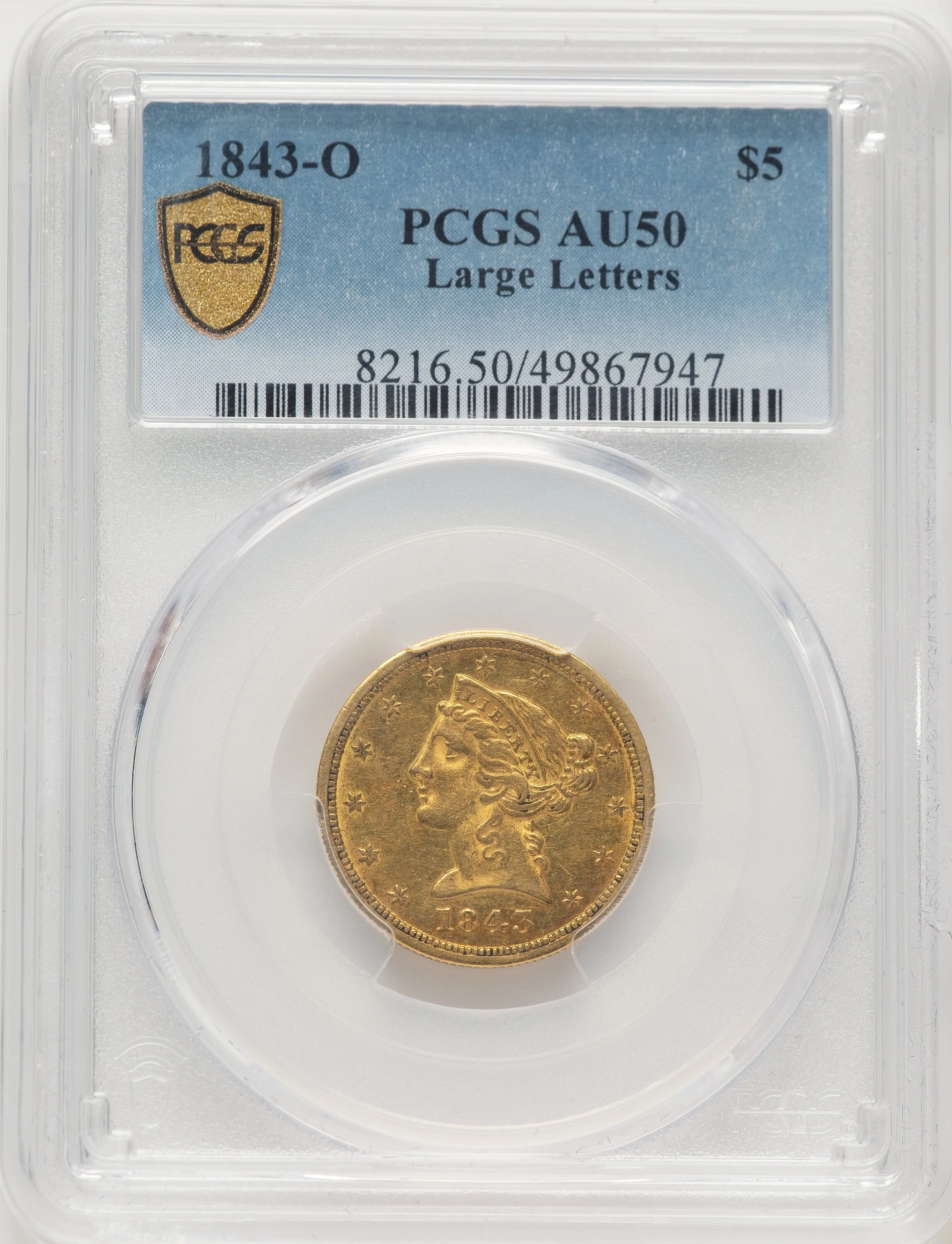 1843-O $5 Large Letters