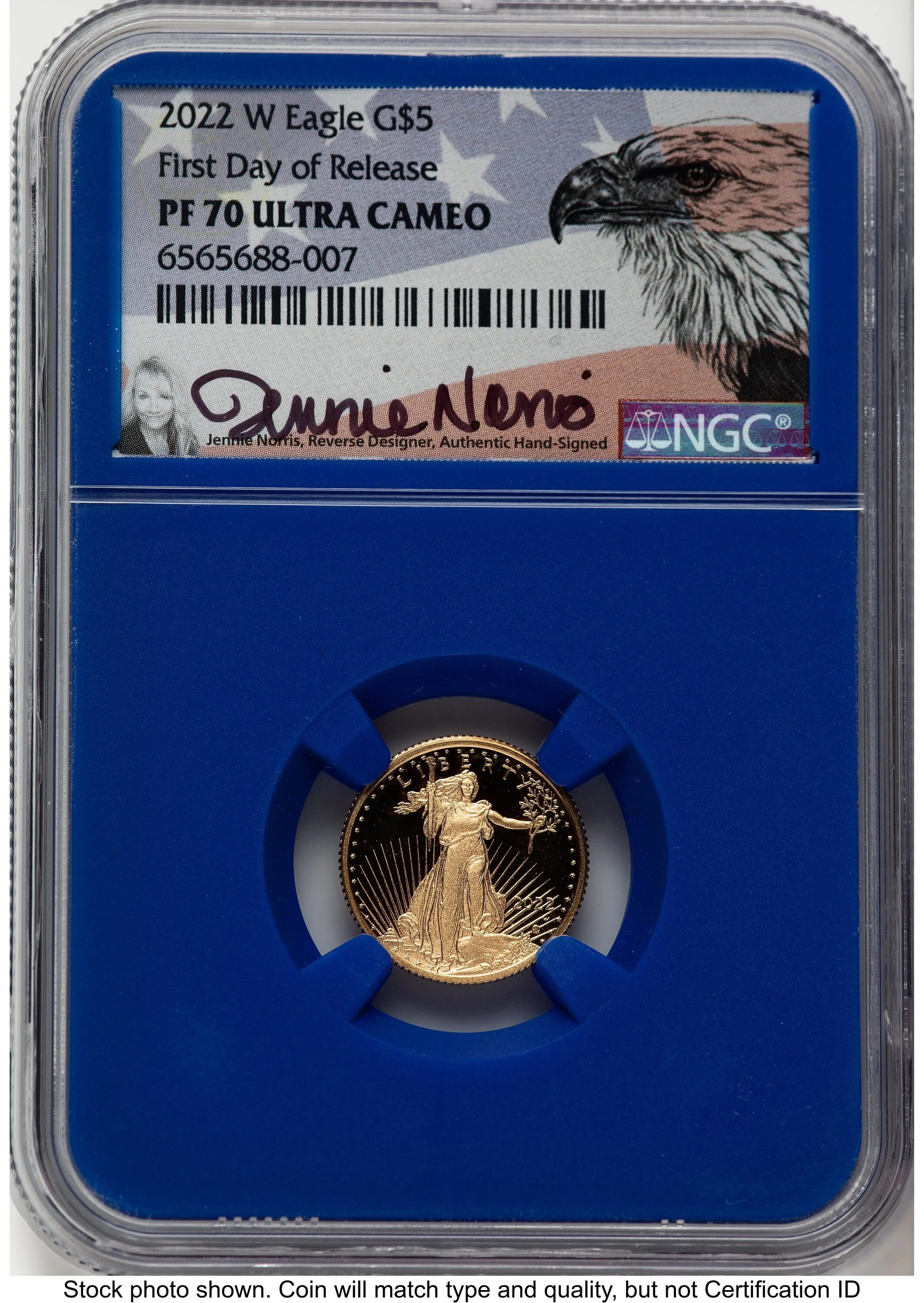 2022-W Proof Gold Eagle 1/10 oz FDR Jennie Norris Blue Core