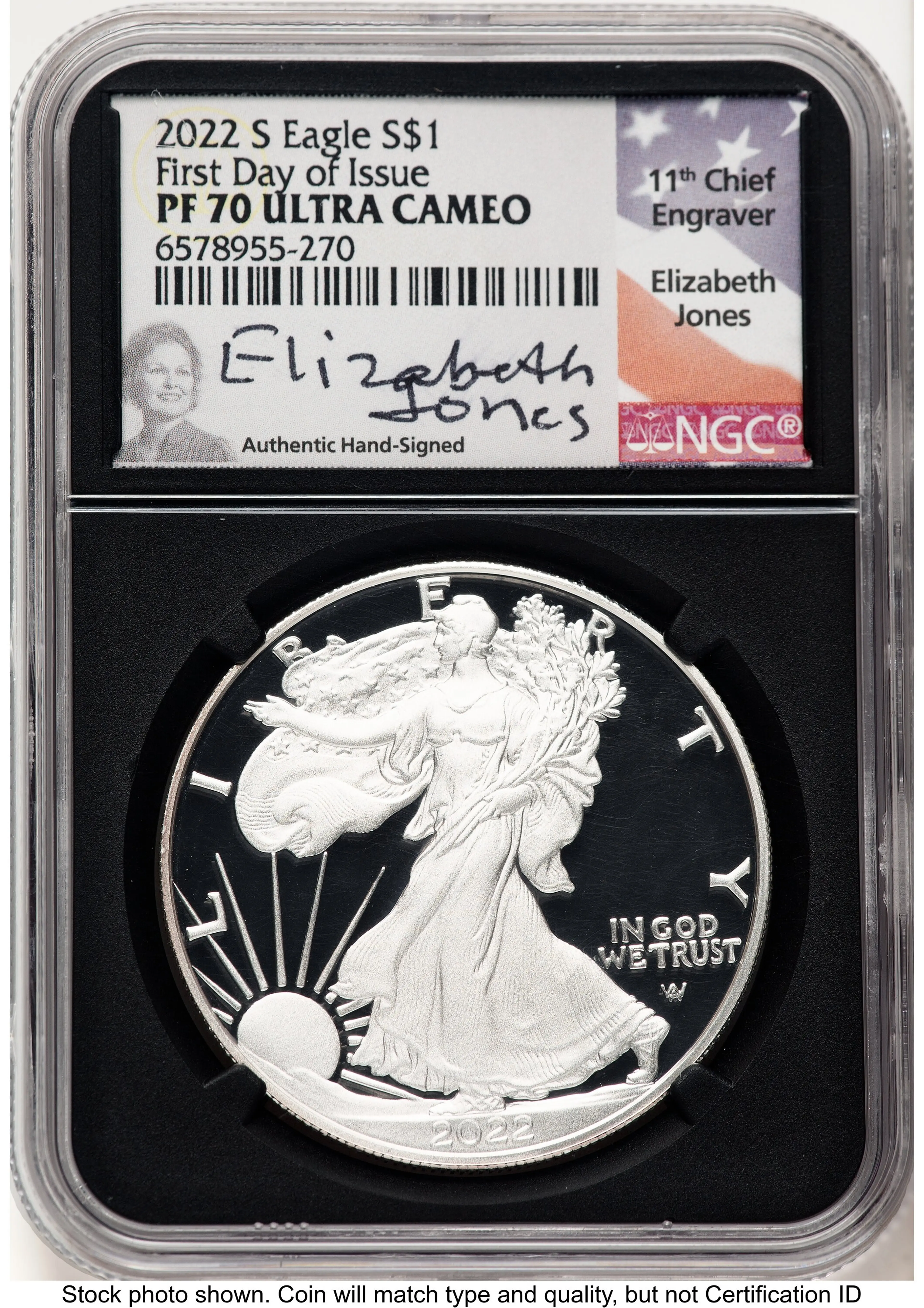 2022-S Proof Silver Eagle 1 oz FDI Elizabeth Jones Blk Core