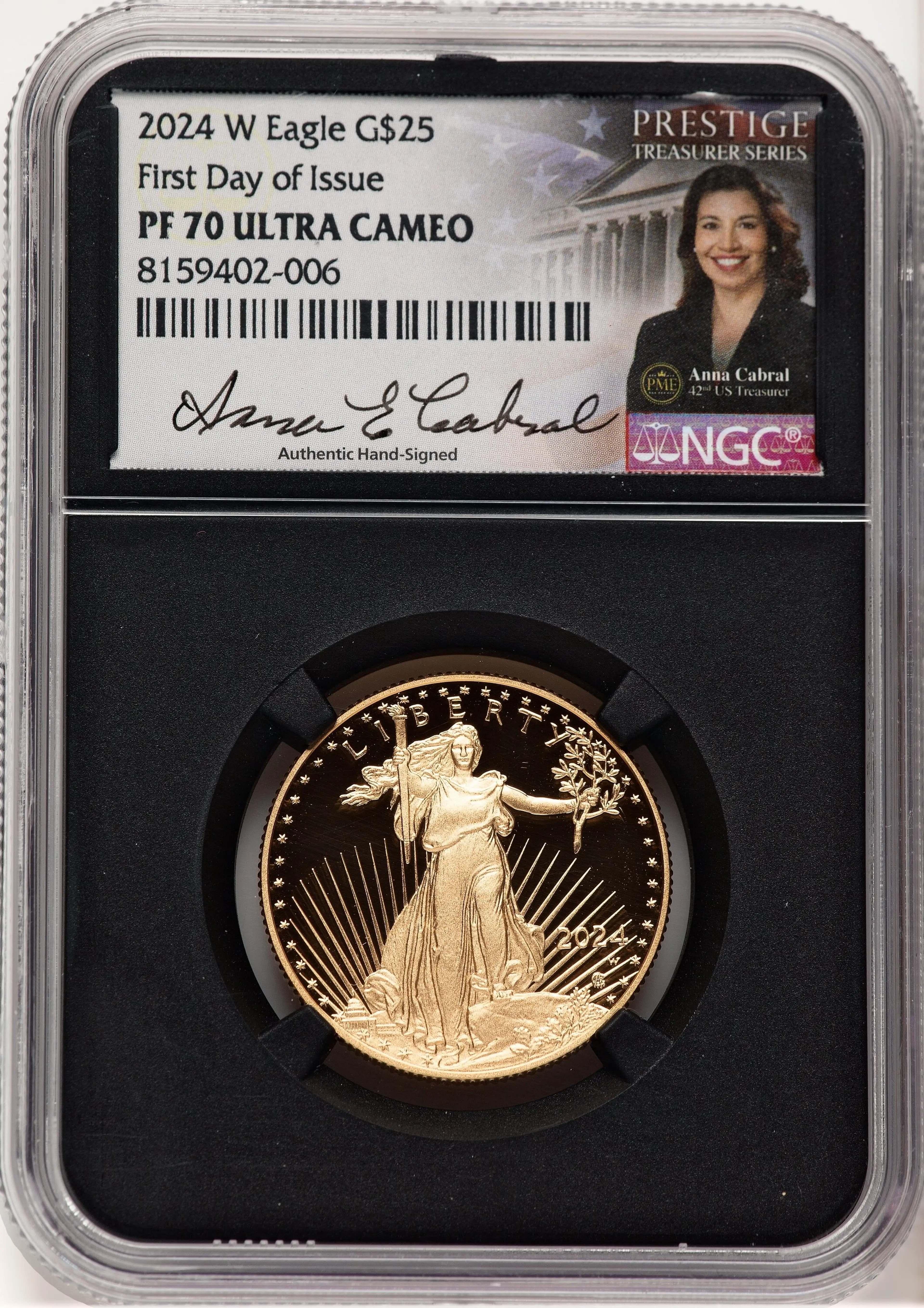 2024-W Proof Gold Eagle 1/2 oz FDI Anna Cabral Prestige Treasurer Series Blk Core