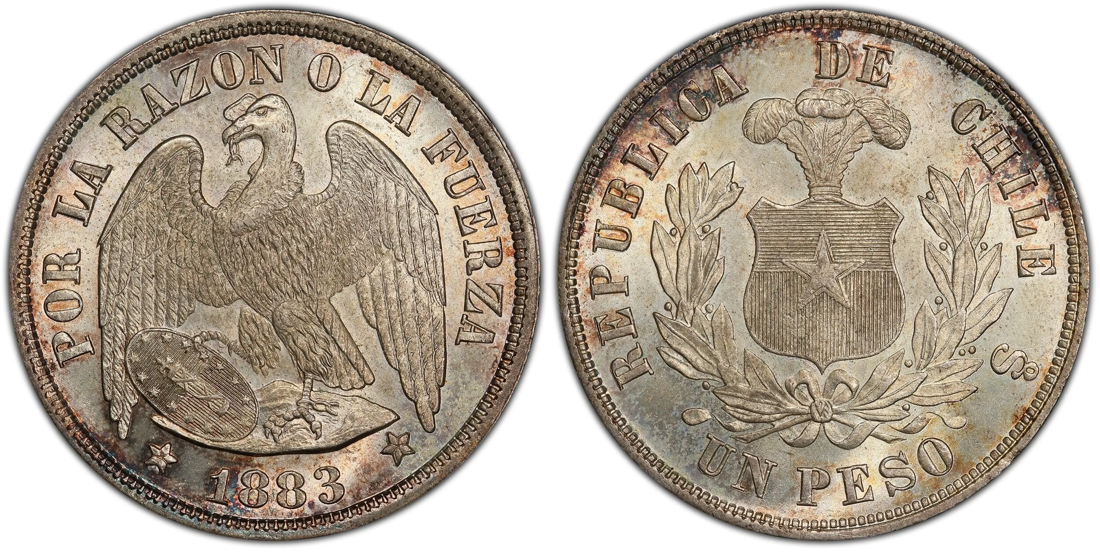 CHILE. 1883-So AR Peso. PCGS MS66. Santiago mint. Plumed arms within wreath / Condor with wings spread and shield. KM 142.1. Round-top 3. Struck by law of October 21, 1865.