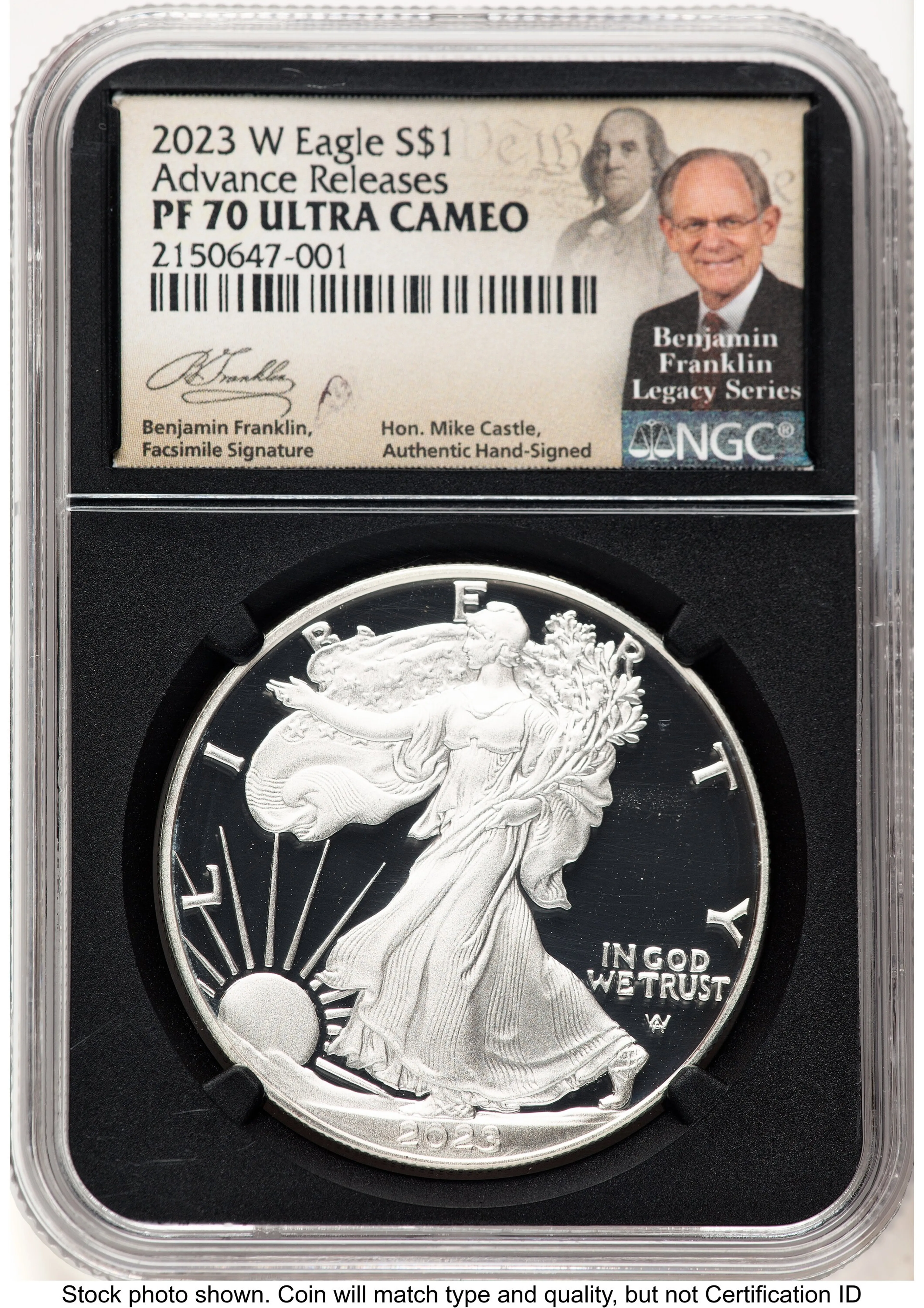 2023-W Proof Silver Eagle 1 oz AR Mike Castle Blk Core Franklin Series - Image 1