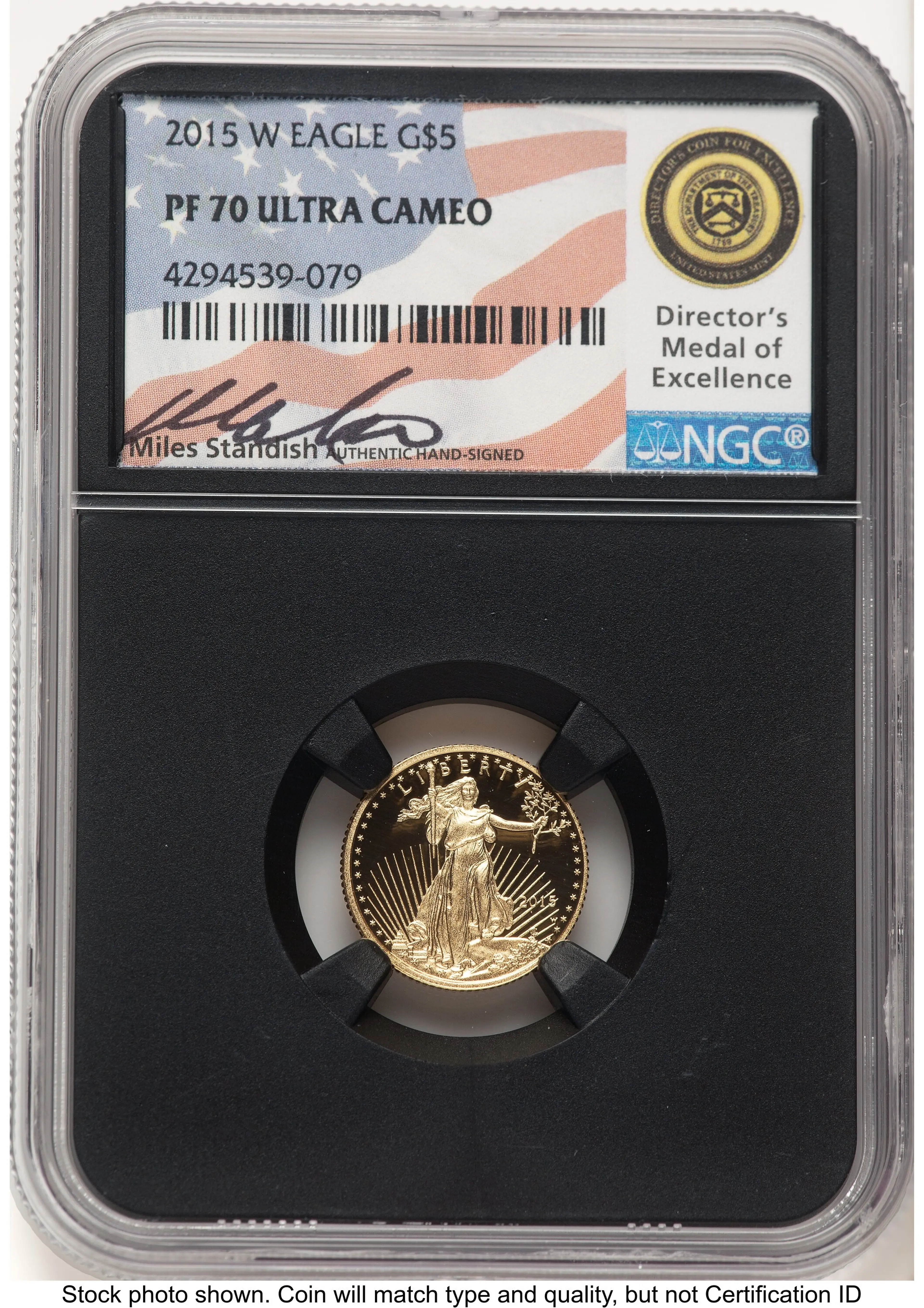 2015-W Proof Gold Eagle 1/10 oz Miles Standish Blk Core