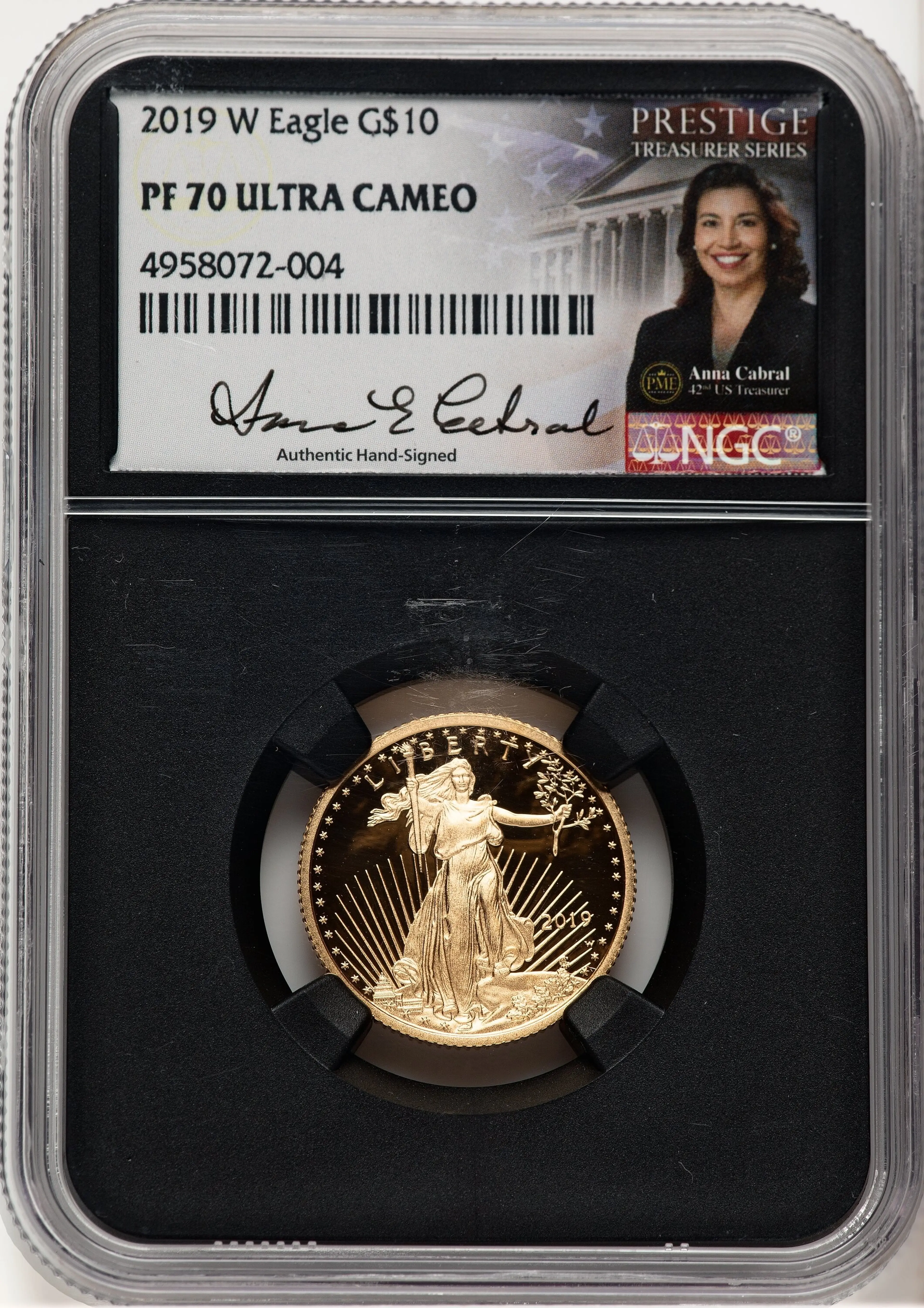 2019-W Proof Gold Eagle 1/4 oz Anna Cabral Prestige Treasurer Series Blk Core