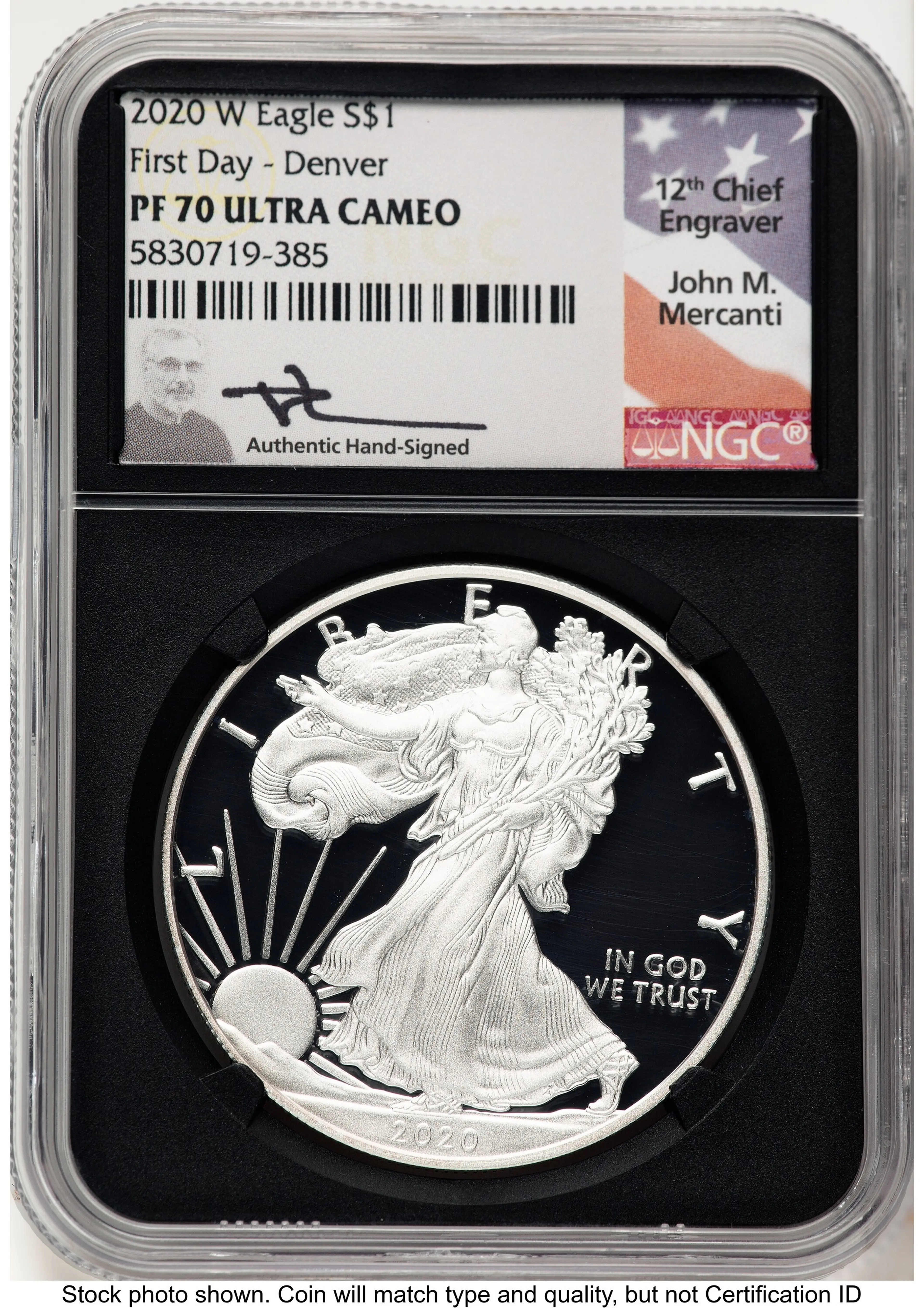 2020-W Proof Silver Eagle 1 oz FDI John Mercanti Denver Blk Core