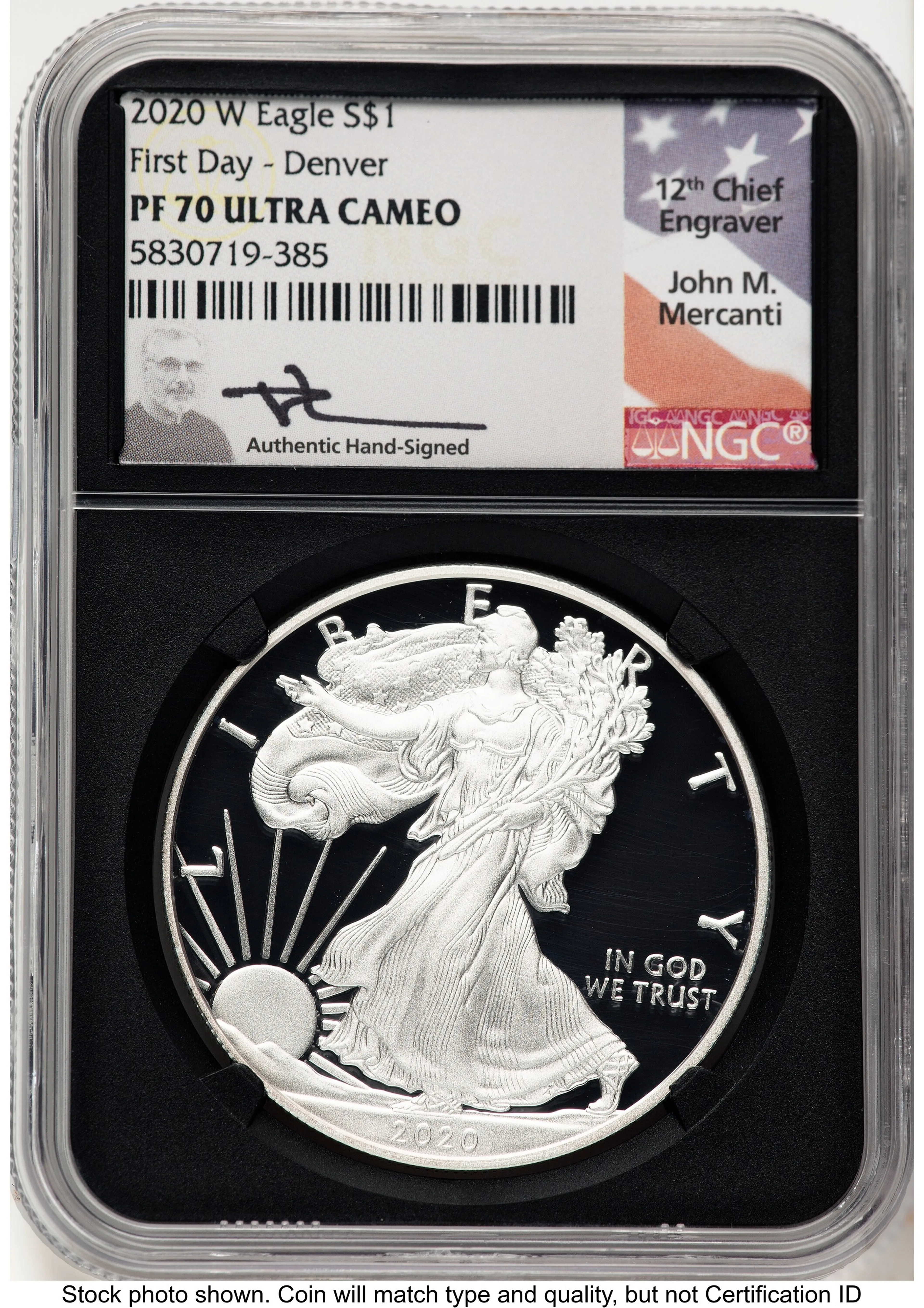 2020-W Proof Silver Eagle 1 oz FDI John Mercanti Denver Blk Core - Image 1