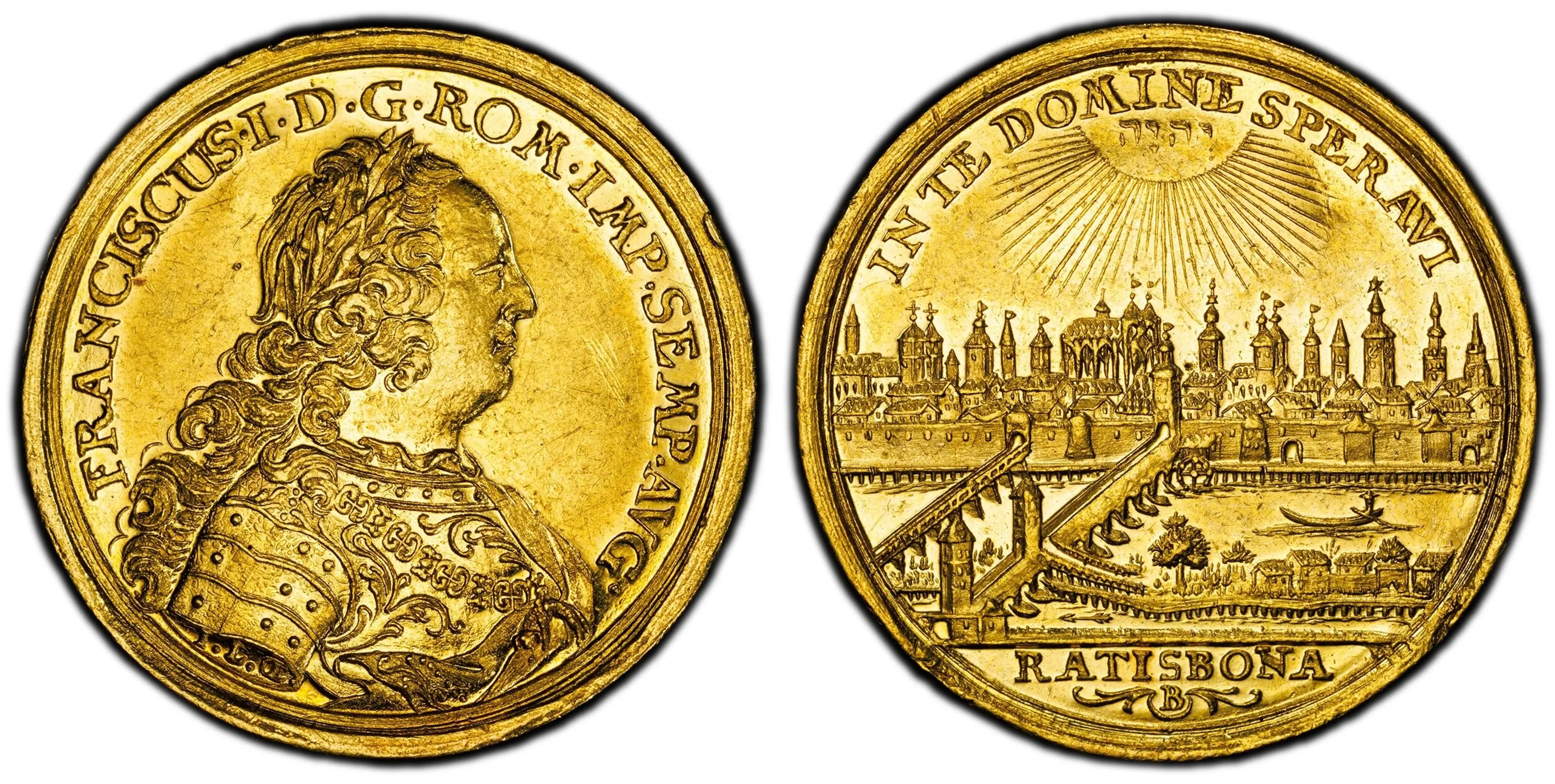 GERMAN STATES. Regensburg. Francis I, Holy Roman Emperor. (1745-65) ND B AV 2 Ducats. PCGS AU58. By Johann Christoph Busch (Mintmaster). 6.95gm. FRANCISCUS•I•ROM•IMP•SEMP•AVG•. Bust, right; signed on truncation I.L.OE (Johann Leonhard Oexlein) / IN TE DOM