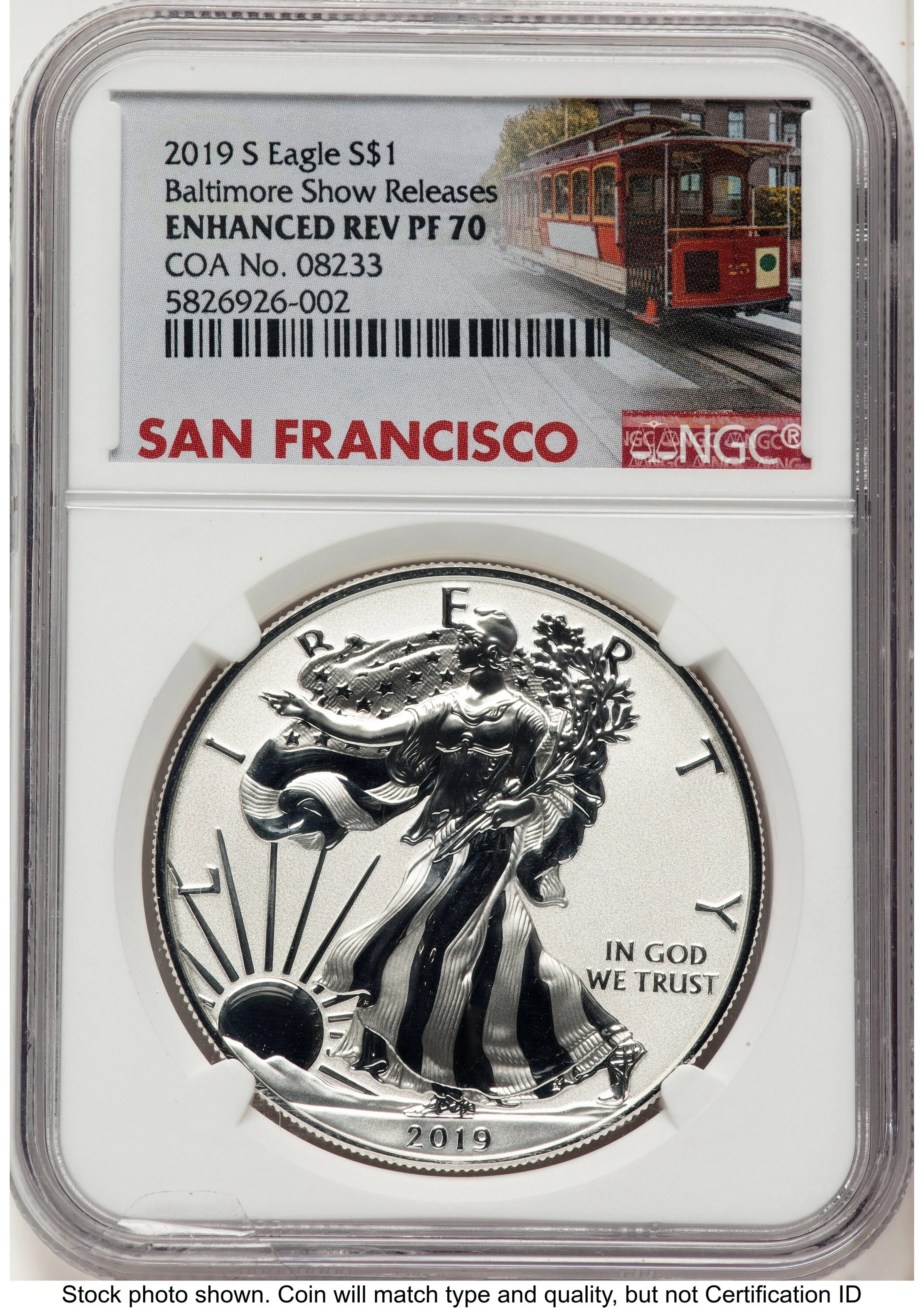 2019-S Enhanced Reverse Proof Silver Eagle 1 oz Baltimore Show Releases Trolley Label