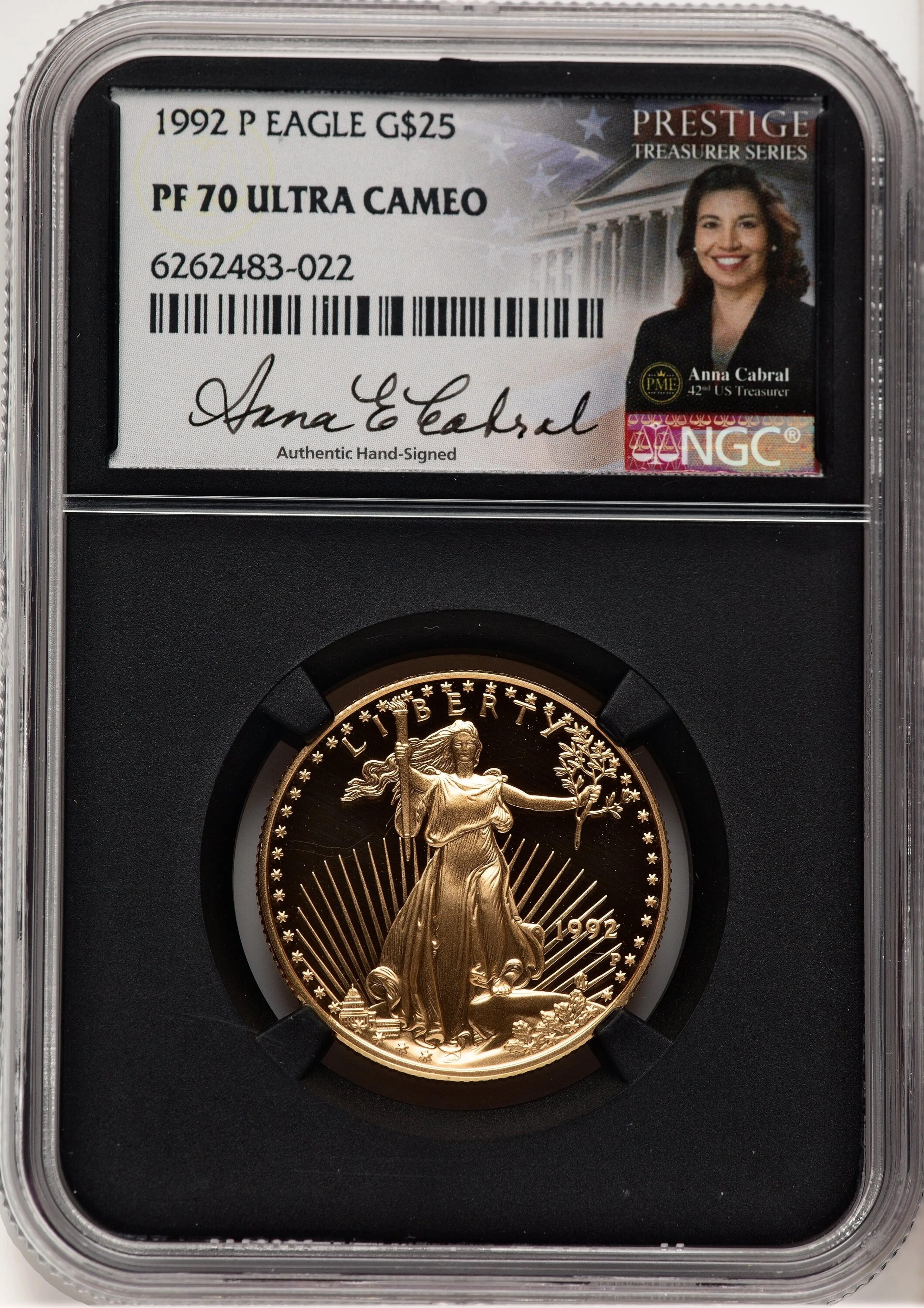 1992-P Proof Gold Eagle 1/2 oz Anna Cabral Prestige Treasurer Series Blk Core