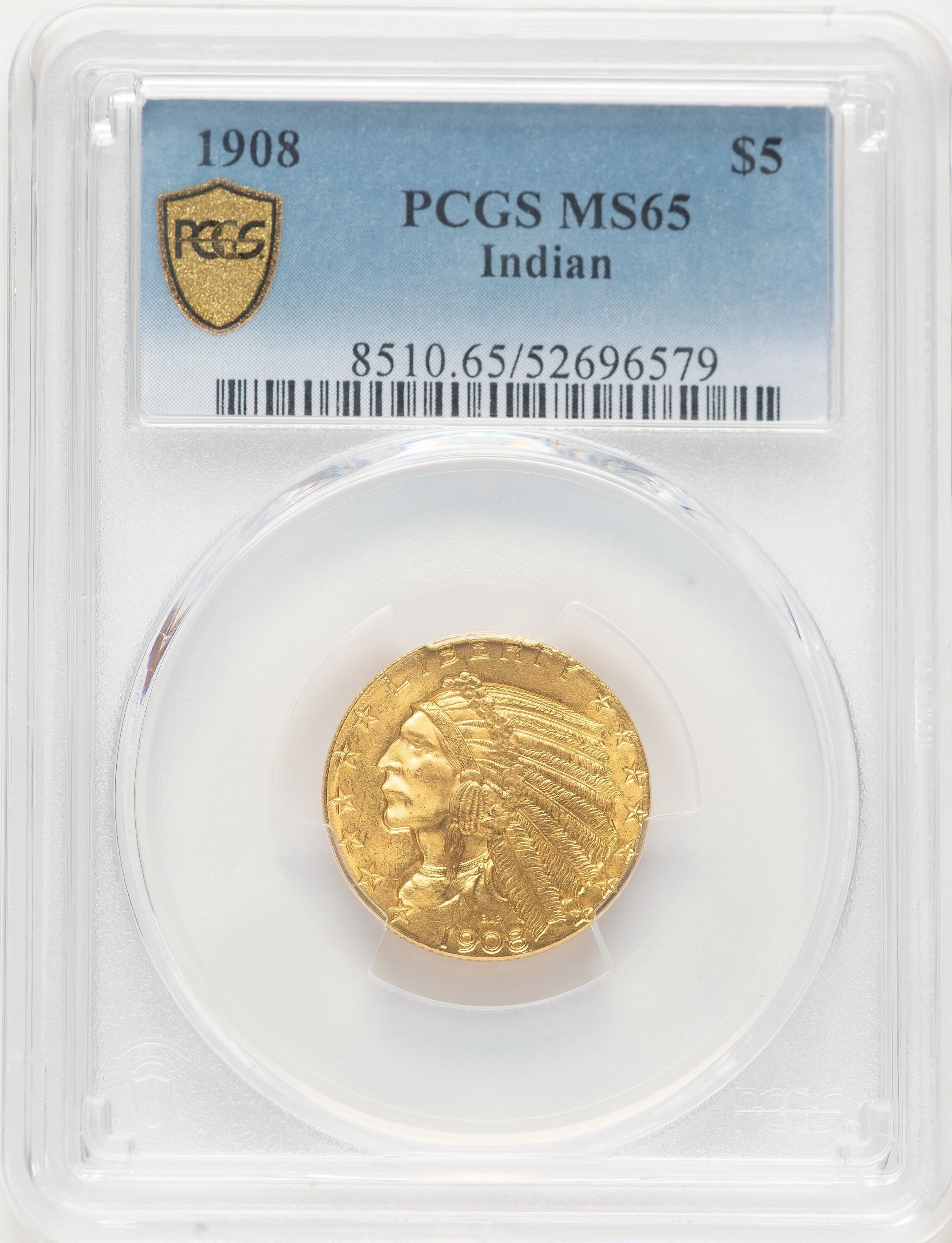 1908 $5 Indian, MSBlue Gradient