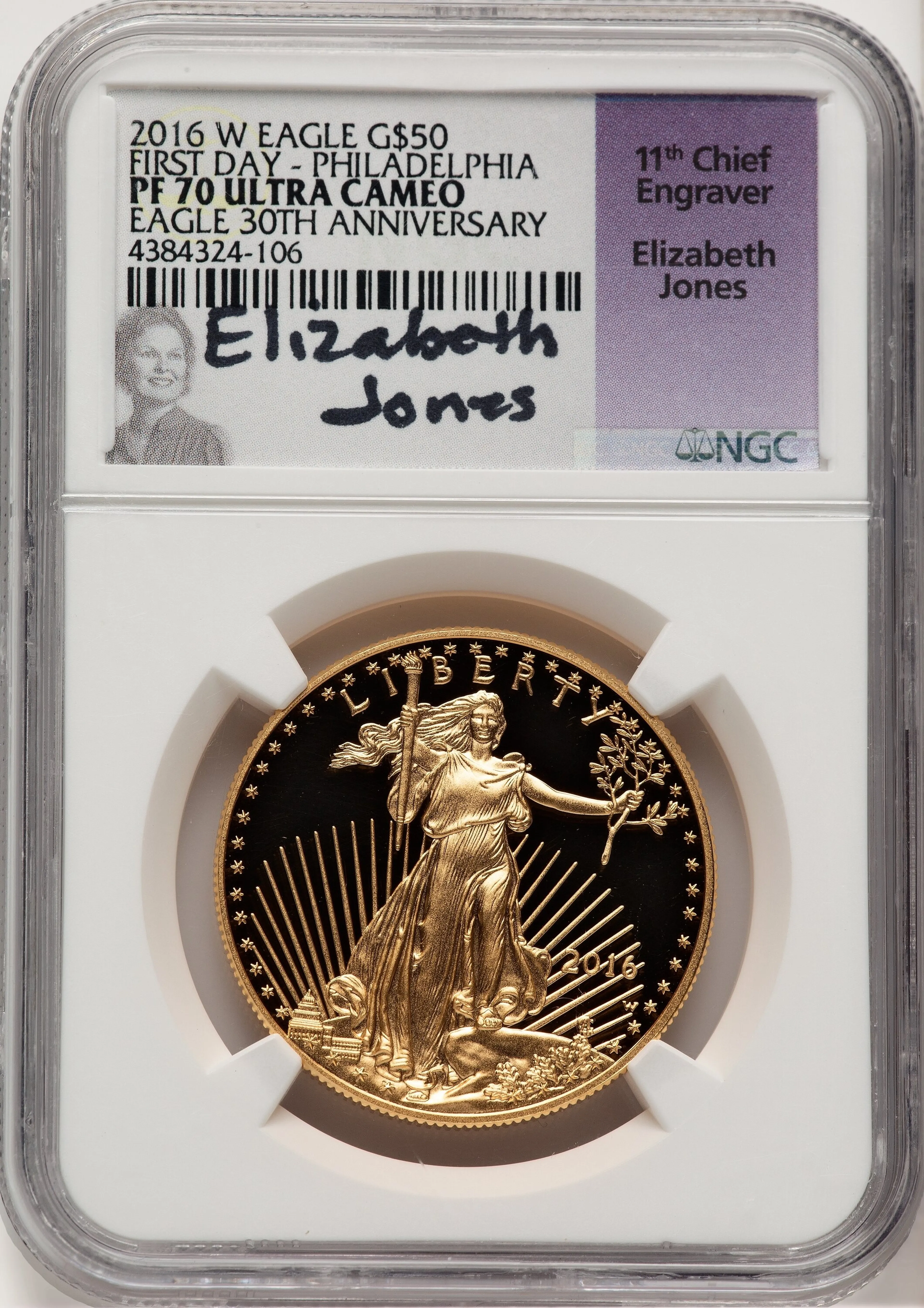 2016-W Proof Gold Eagle 1 oz FDI Elizabeth Jones Philadelphia - Image 1