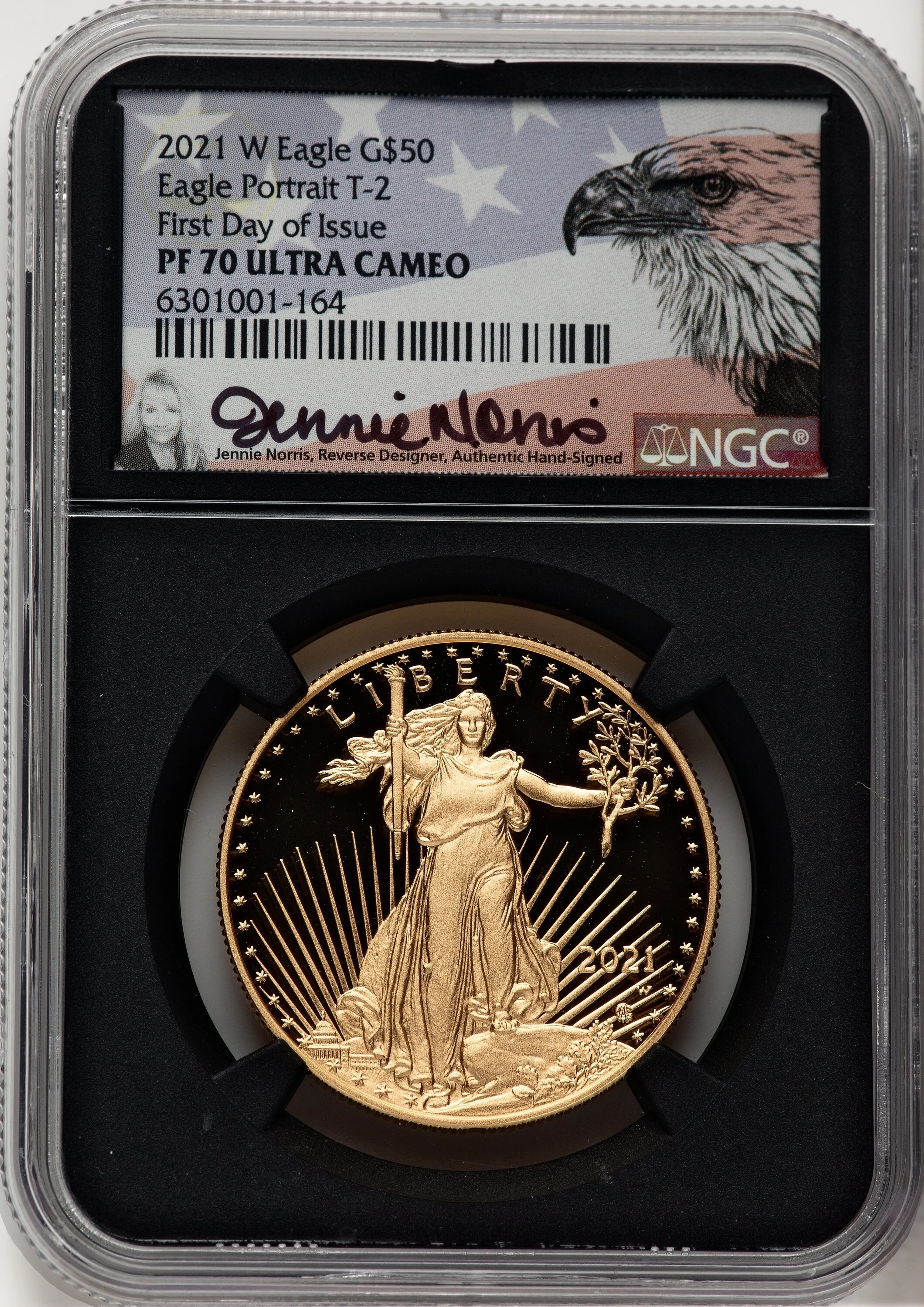 2021-W Type 2 Proof Gold Eagle 1 oz FDI Jennie Norris Blk Core - Image 1